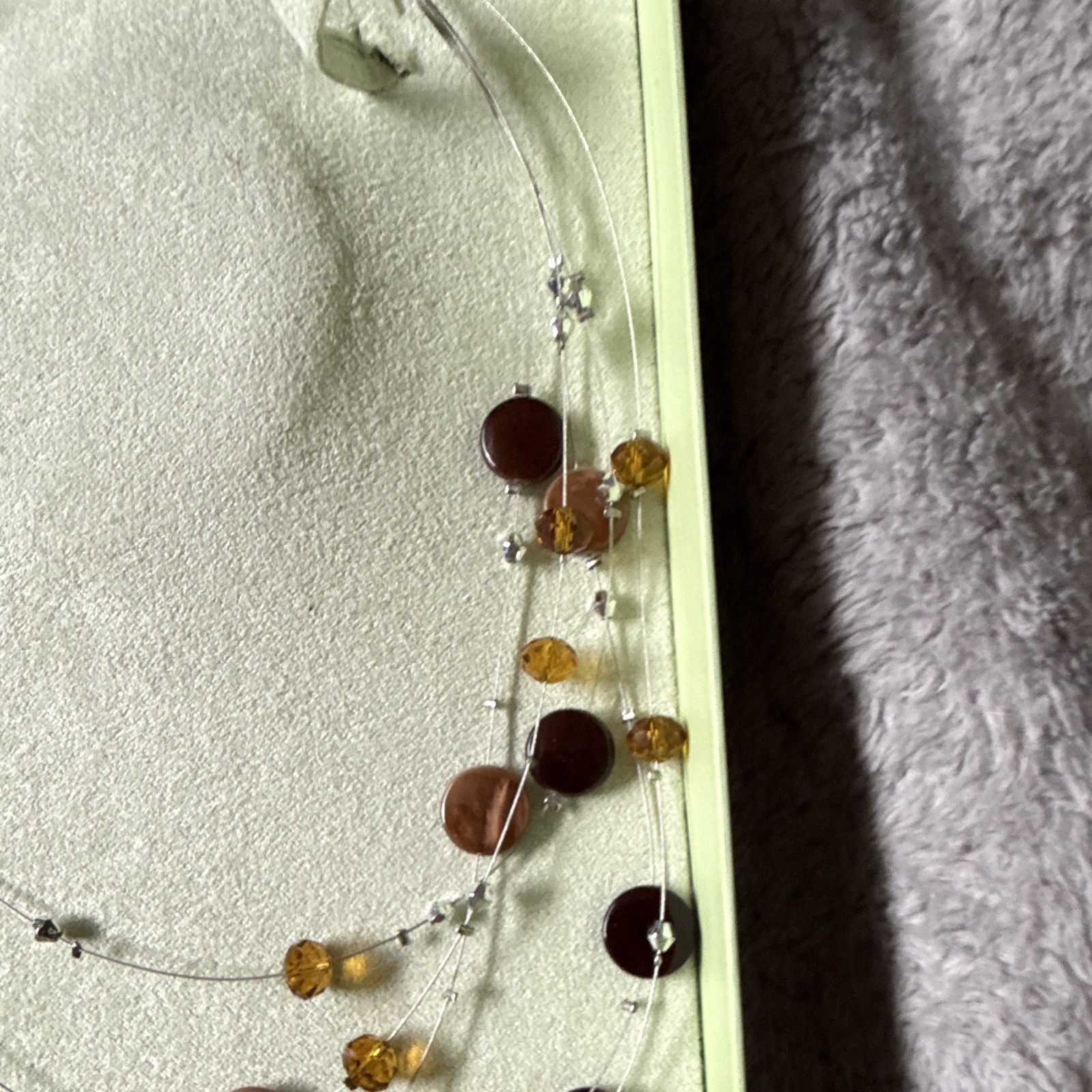 Vintage Layered Multi Strand Browns, Ambers, gold and clear beaded 9″ Necklace