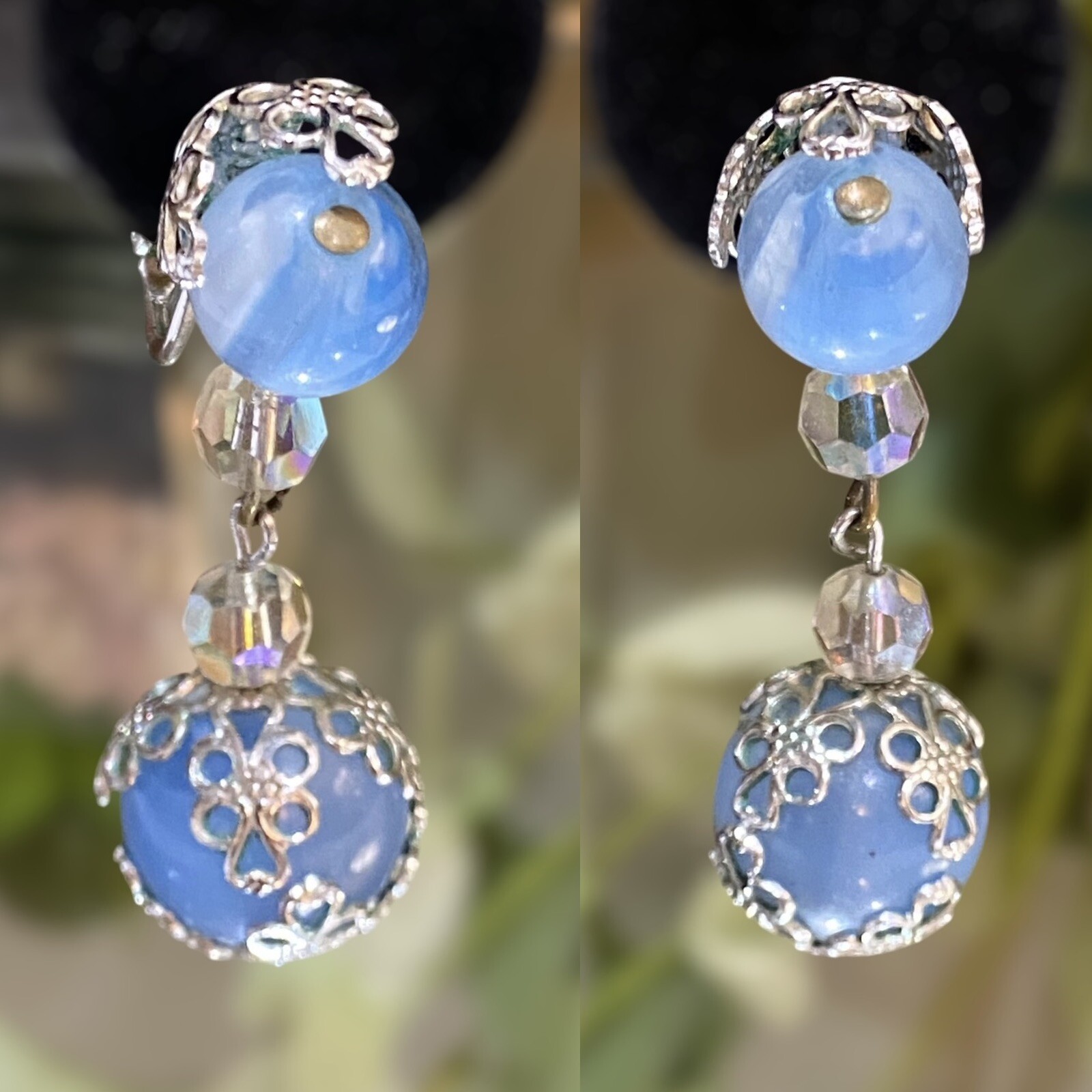 Vintage Coro Signed Blue Silver Beaded Drippy Drop Clip Earrings Filigree