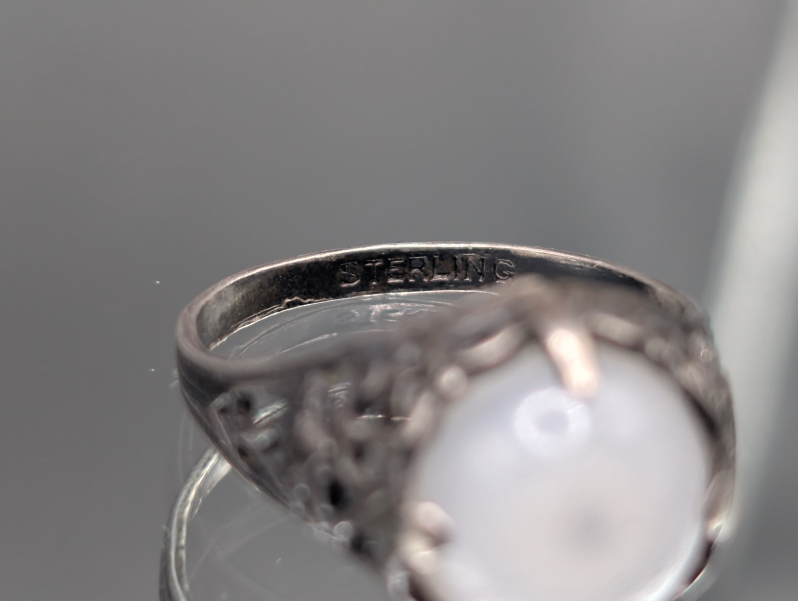 (4) MAGICAL MOONLIGHT! Antique Arts & Crafts Ring STERLING Silver Opaline Glass