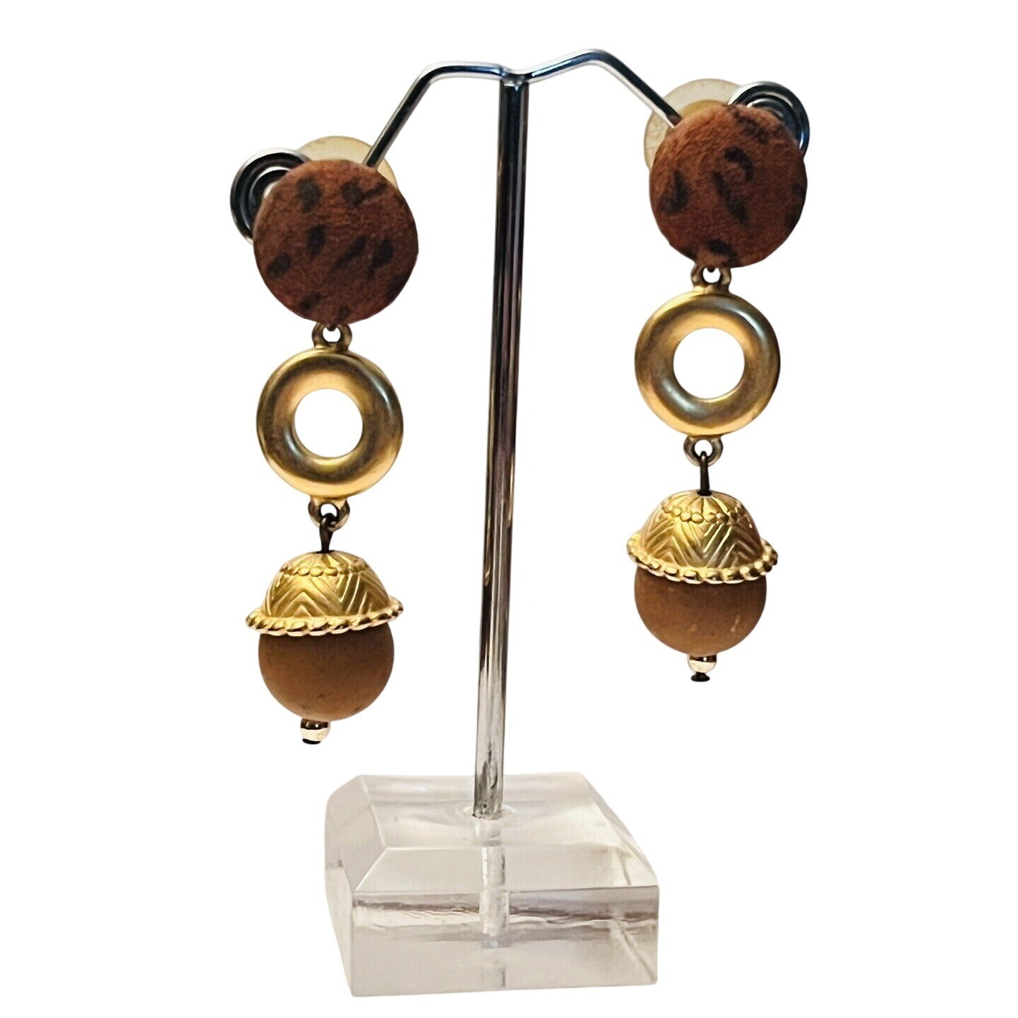 VTG Earrings statement dangle chunky Pierced Lucite rare gold 80s Retro hoop 2″L