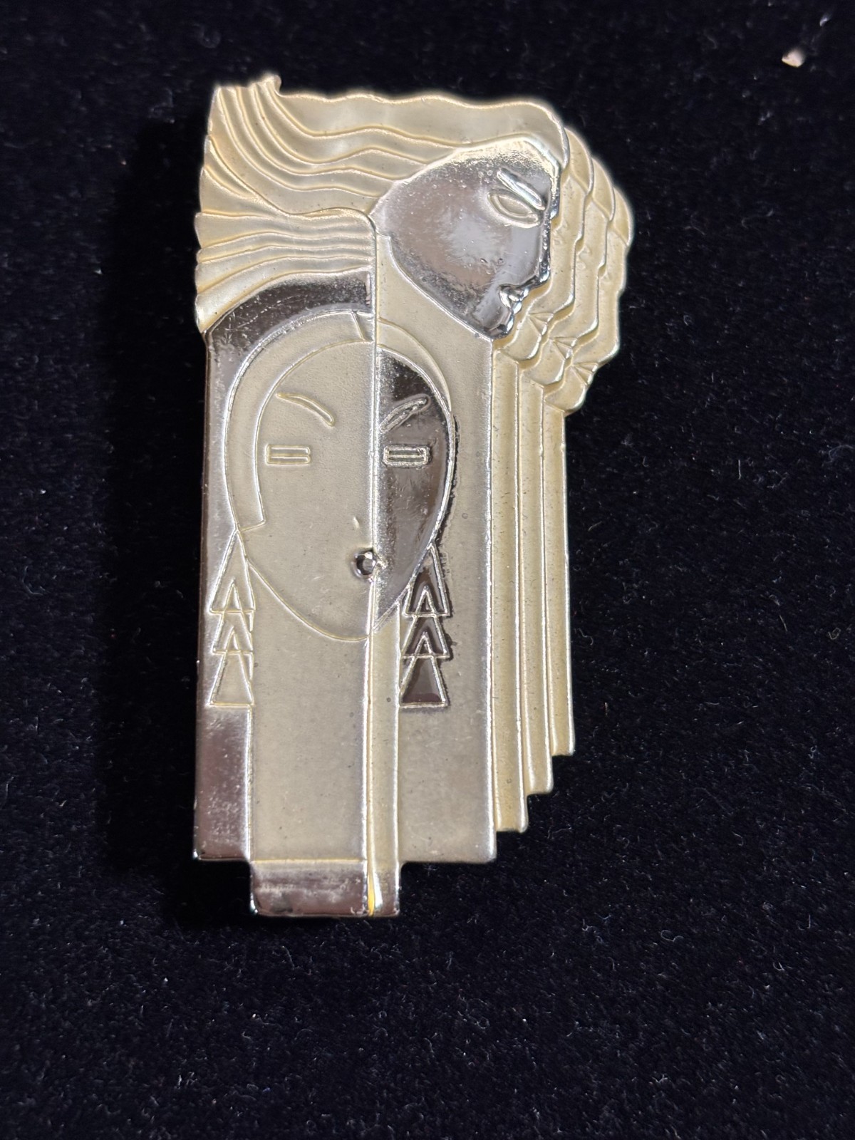Art Deco Mulitple Faced Brooch Pin 1980’s Brushed Gold tone