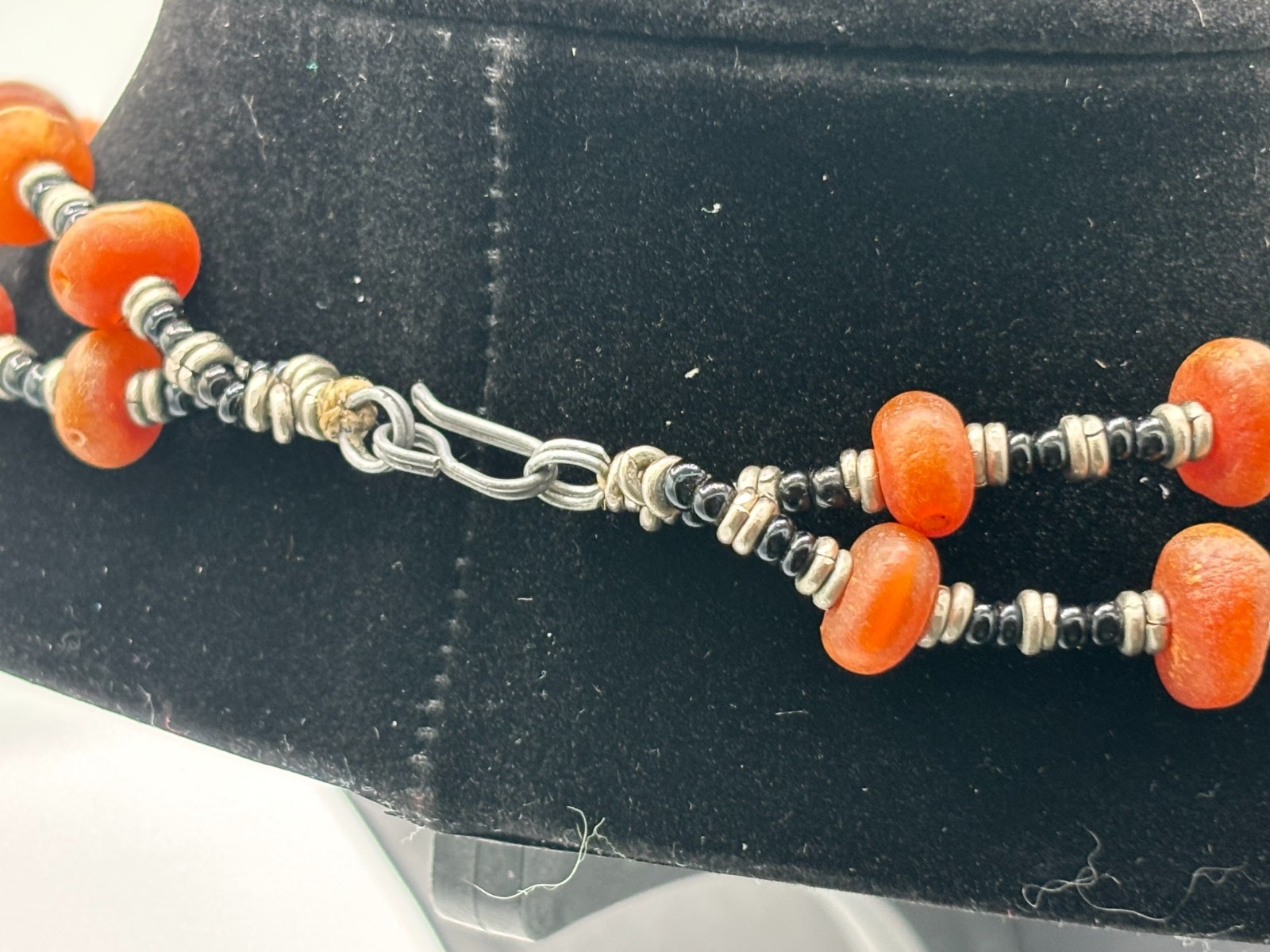 Vintage African Batik Bone Carnelian Trade Bead Multi Strand Necklace Statement