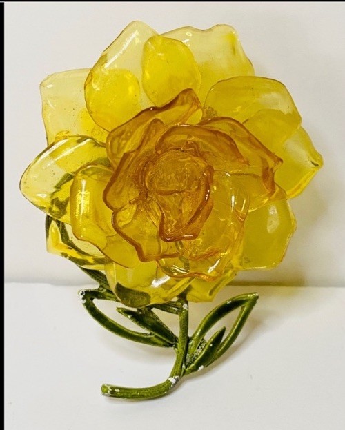Vintage Enamel Flower Pin 3D Cellulose Acetate Yellow Rose