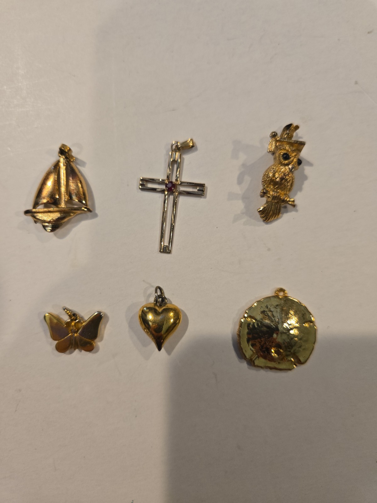 Lot of 6 Vintage Pendants/Charms-Heart,Sand Dollar,Owl, Butterfly, Boat, & Cross