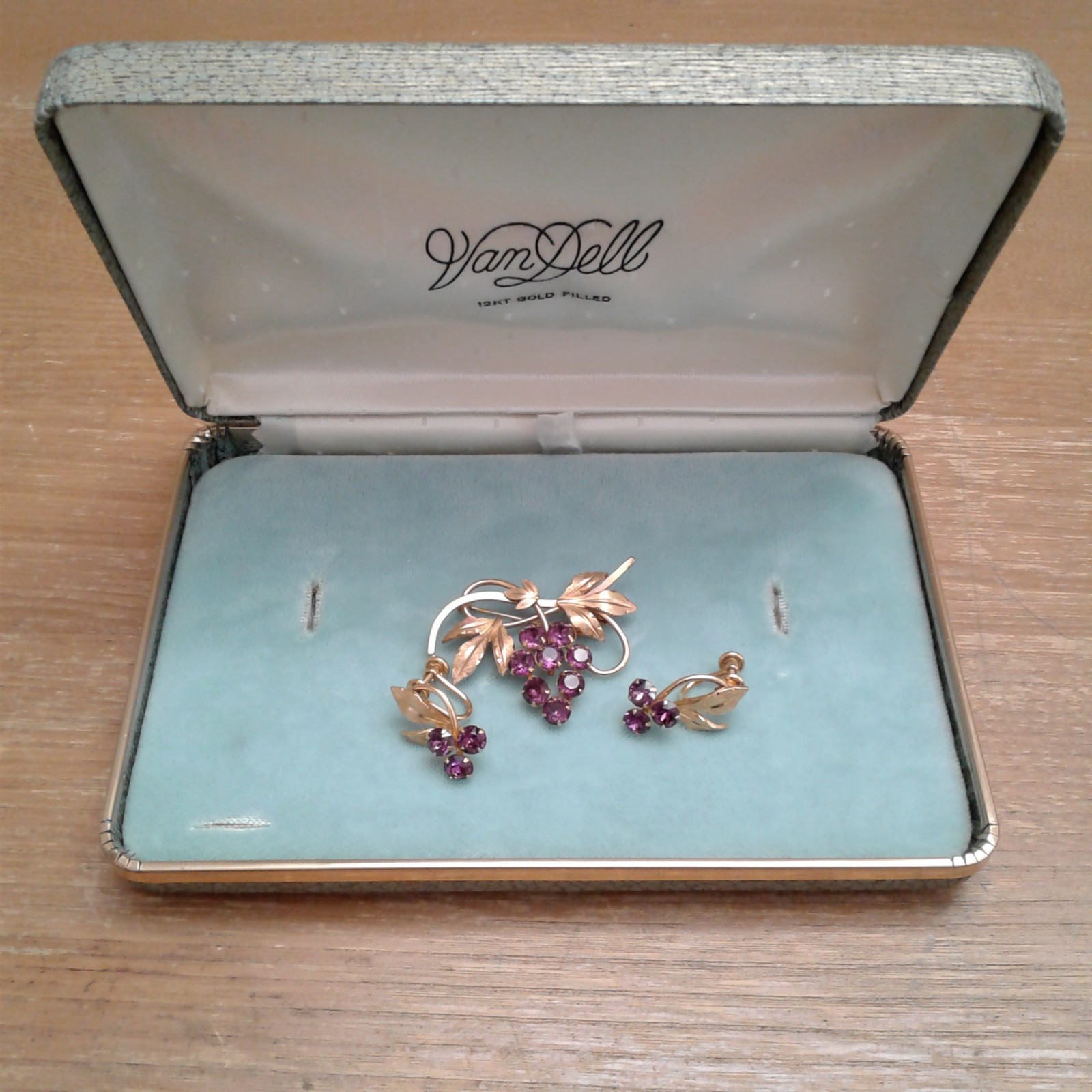 Vintage Amethyst Van Dell 12kt Goldfilled Pin and Earrings Set in Original Box