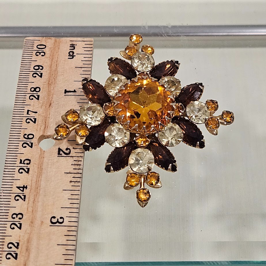 Judy Lee Vintage Golden Brown Yellow Stones Layered Flower Gold Tone Brooch Pin