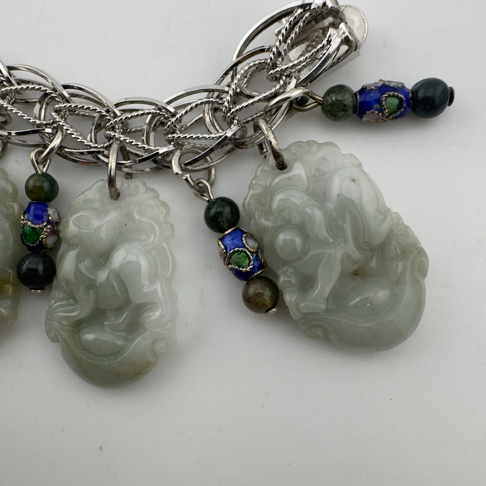 Vintage Chinese Carved Jade Bracelet Sterling Silver 12 Zodiac Animals RARE