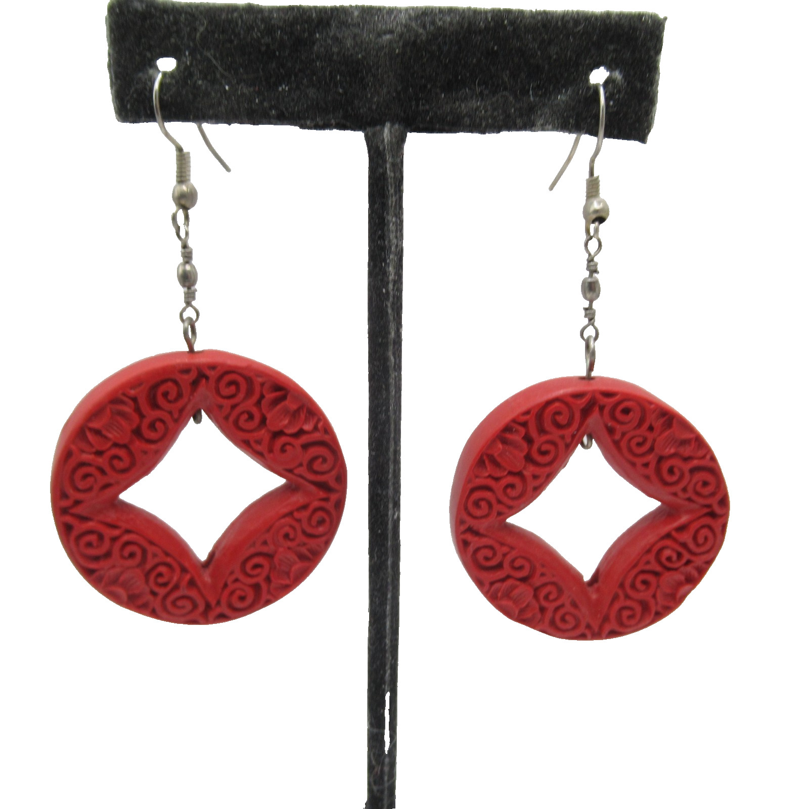 Red Cinnabar Hoop Vintage Pierced Earrings Chunky