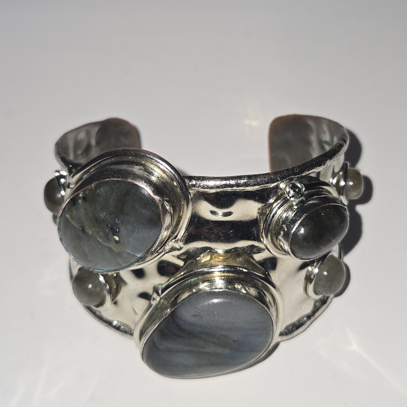 Vtg Metal Cuff Bracelet Labradorite Stones Brutalist Art Adjustable Bold Design