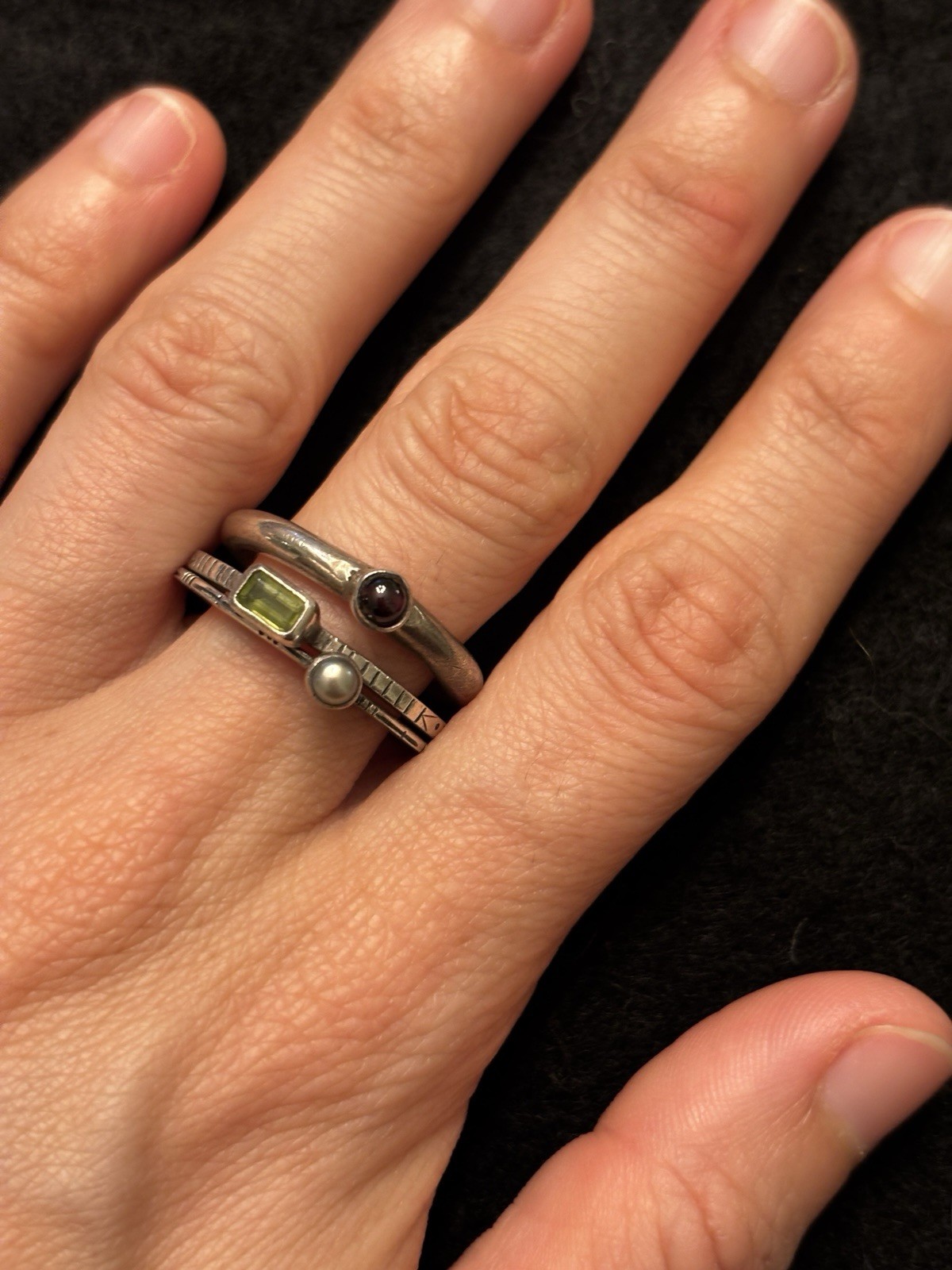 3 SET VINTAGE ARTISAN ETCHED STERLING 925 GEN STONE STACKING RINGS *8.3 gm*