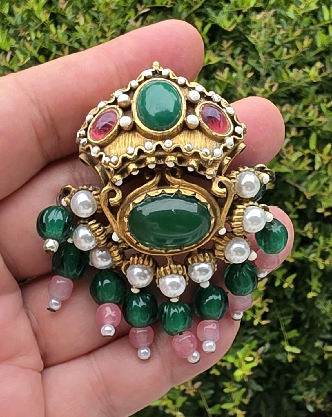 Vtg Signed KJL Jewels of India Mughal Crown Brooch Pendant Green Cabochon Rare