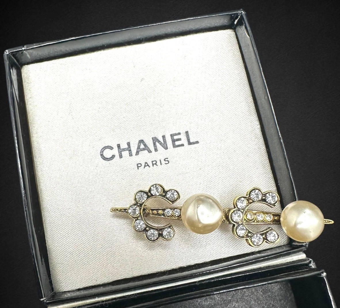 Vintage Chanel 1984 Pearl Crystal COCO Letter Bar Pin Brooch Original Box