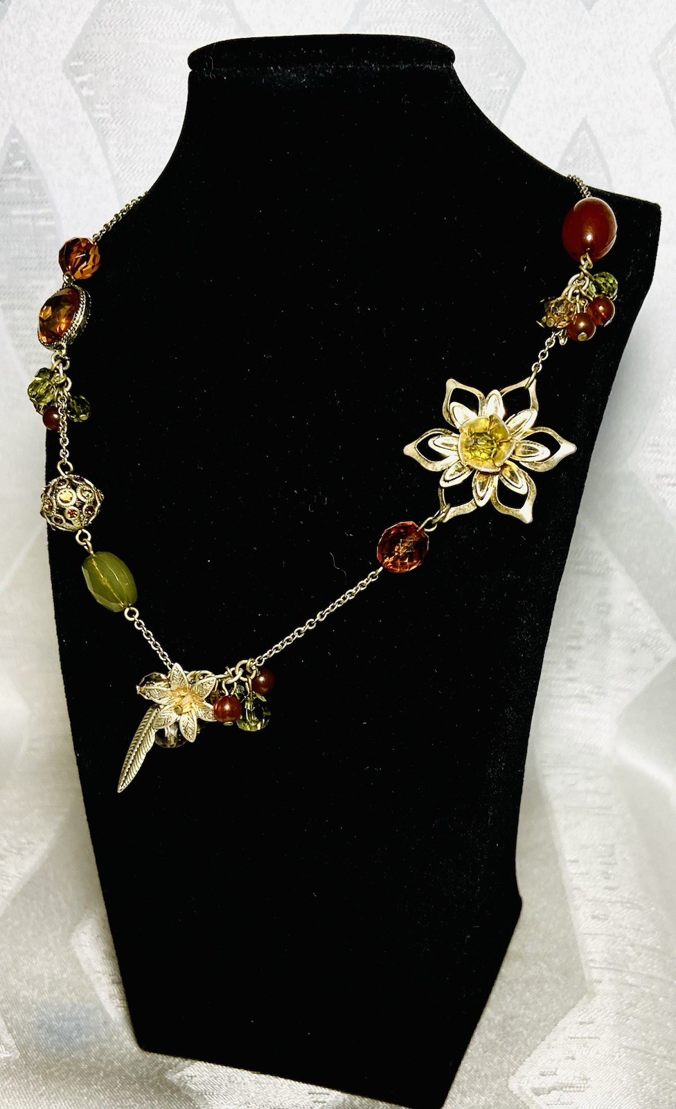Vintage Boho Charm Necklace Asymmetrical Floral Glass Bead 16-20”