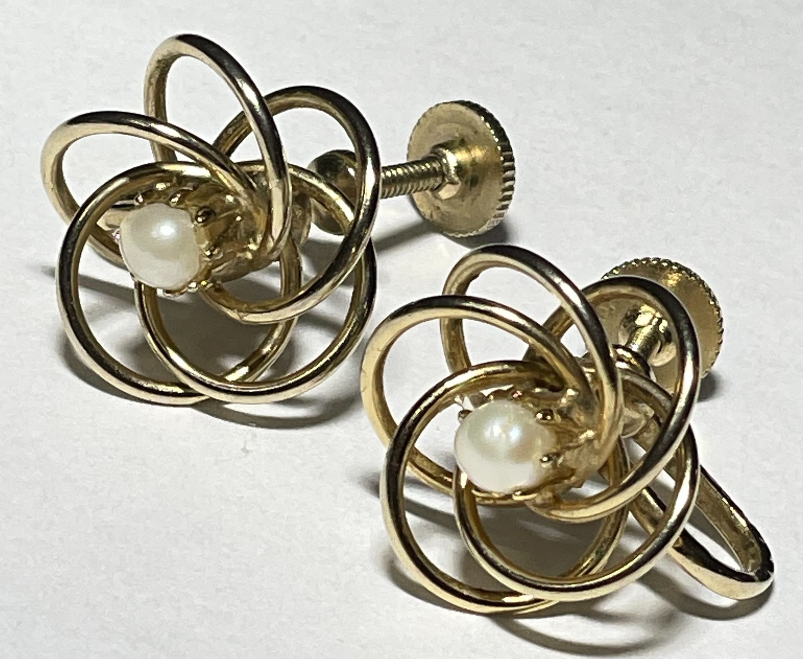Vintage Gold Tone Pearl Love Knot Screw-Back Earrings