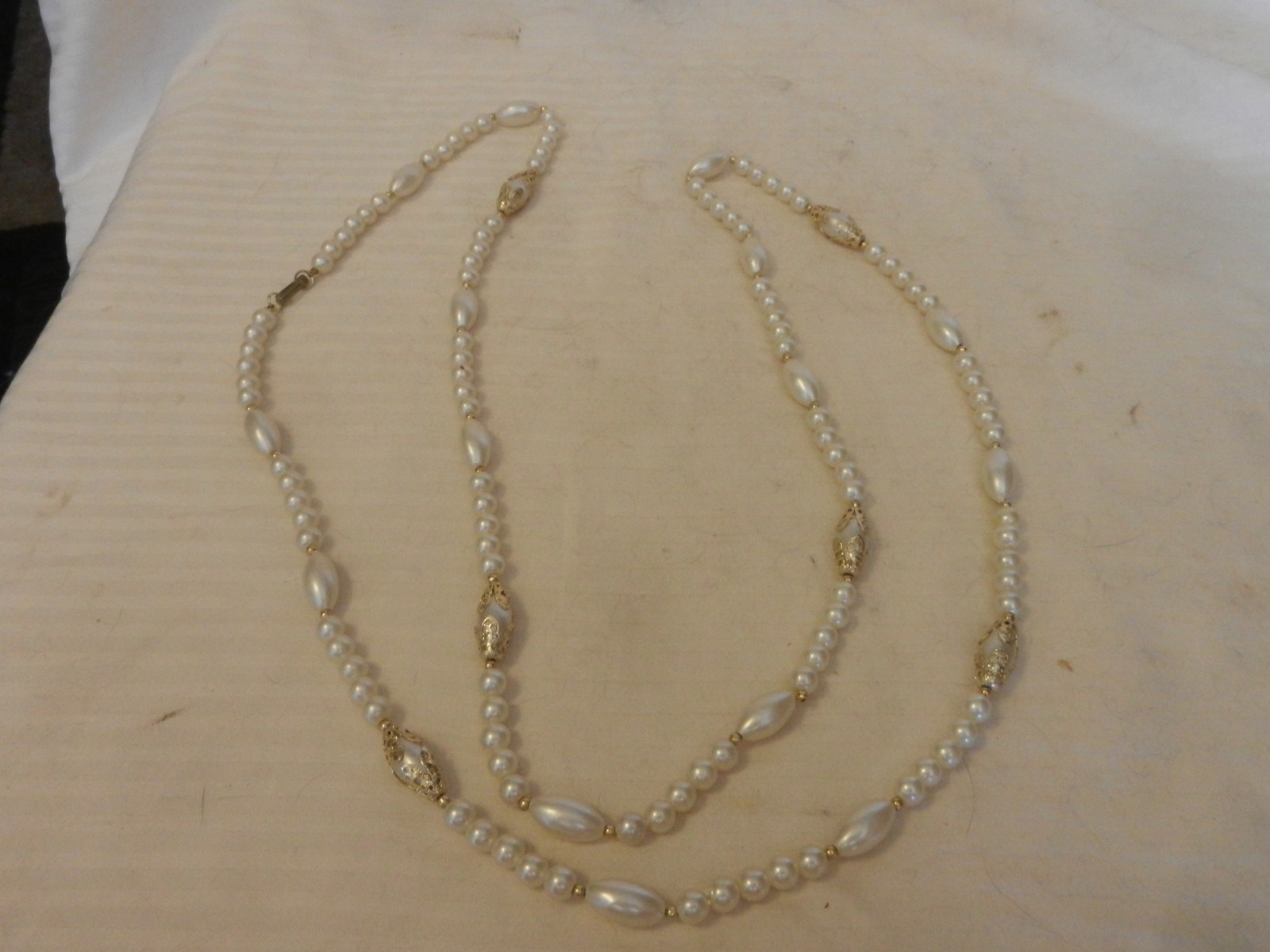 Vintage Stranded White Ball & Ovals with Silver Necklace 54″ Long from Hong Kong