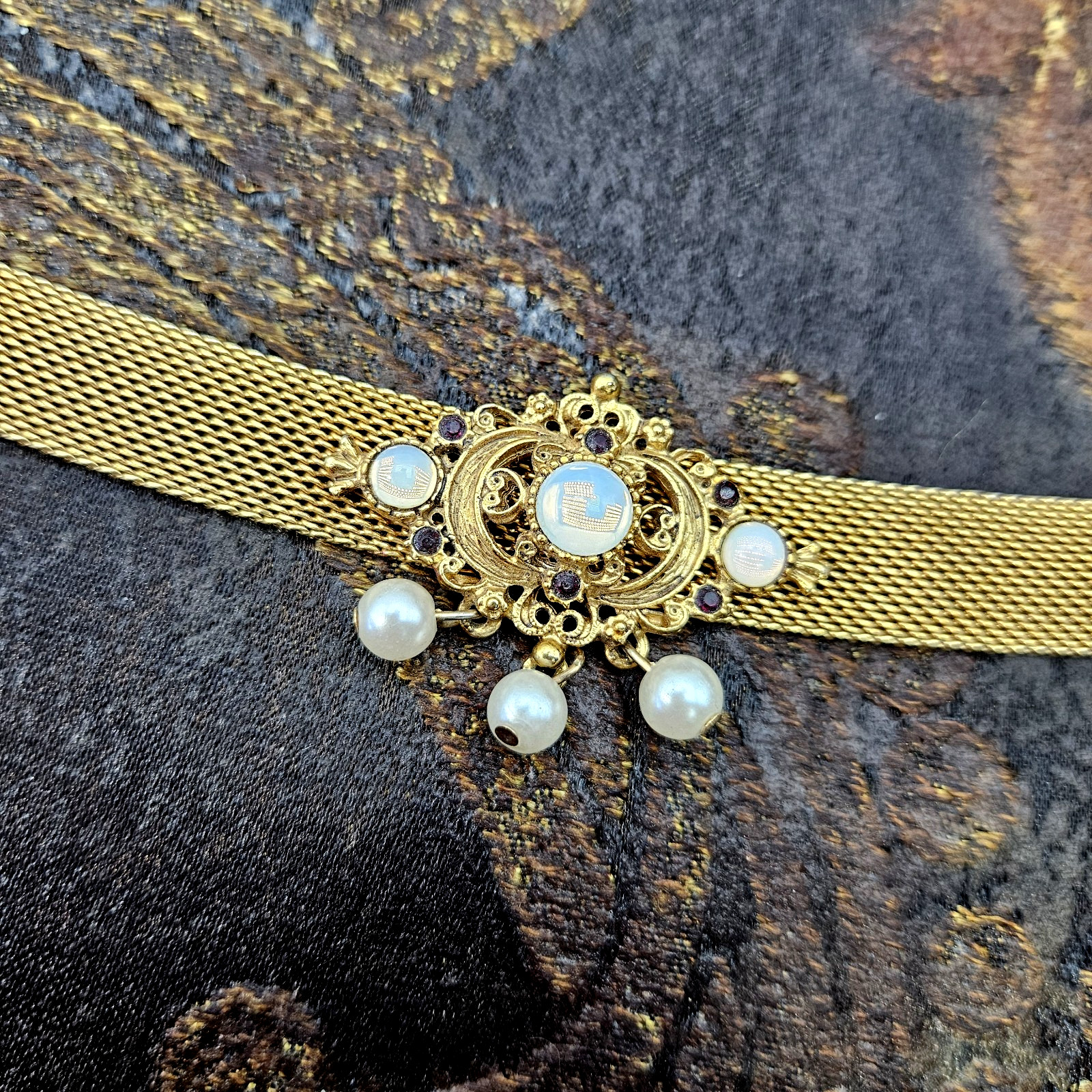 Victorian Revival Gold Tone Mesh Choker Faux Pearl Black Rhinestone Necklace
