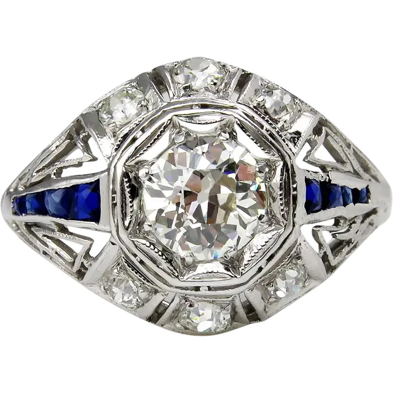 Art Deco 4Ct Lab Created Diamond & Sapphire 14K White Gold FN Engagement Ring