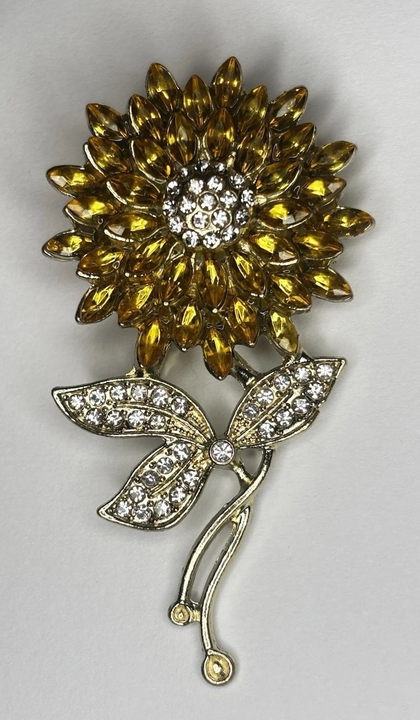 Sunflower Brooch Gold Tone Amber Rhinestone Floral Pin Large 3”
