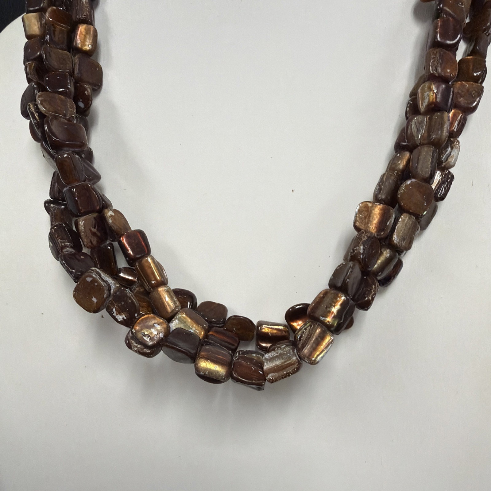 Vintage Triple Strand Bronze Color Natural Stone 18-20″ Choker Necklace