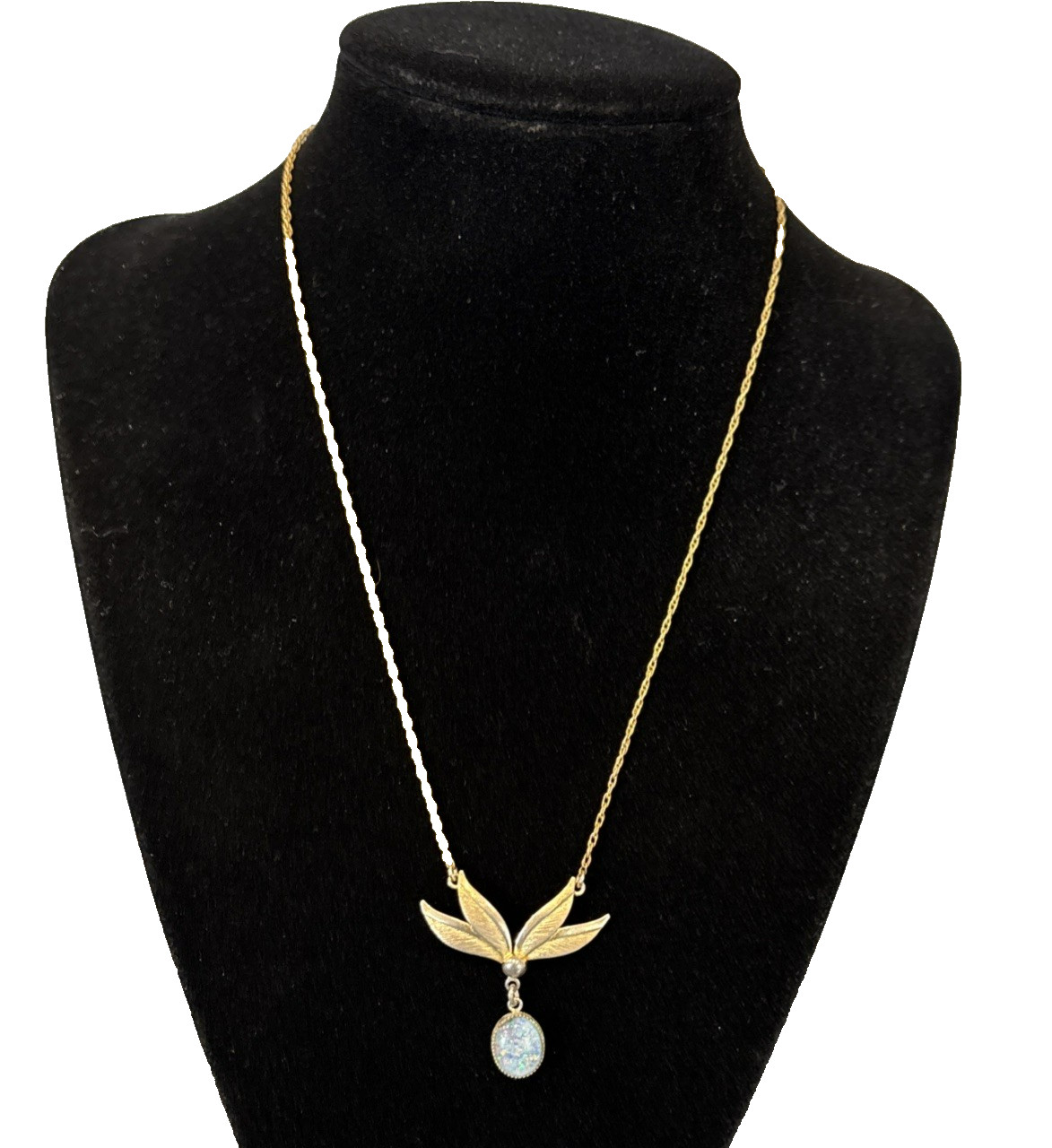 Delicate 1/20 12KGF Opal Pendant 16”Necklace Flower Leaf Design Vintage Marked