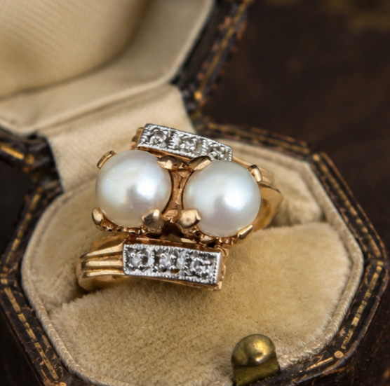Vintage Toi At Moi Ring Pearls Diamonds 10k Yellow White Gold Estate Retro Gift