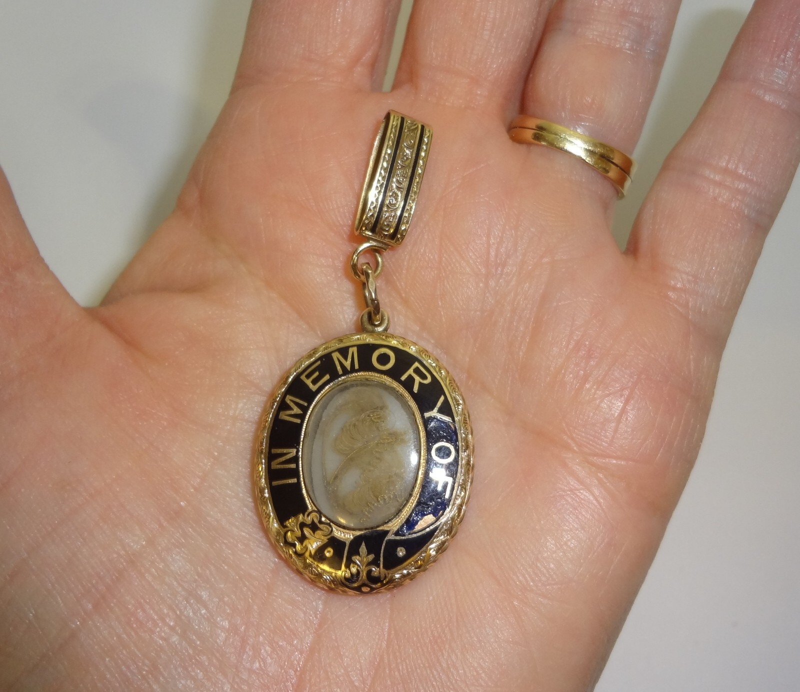 Victorian 9K Gold Enamel Mourning Pendant w/ Fancy Hook Bale – 2 Names Inscribed