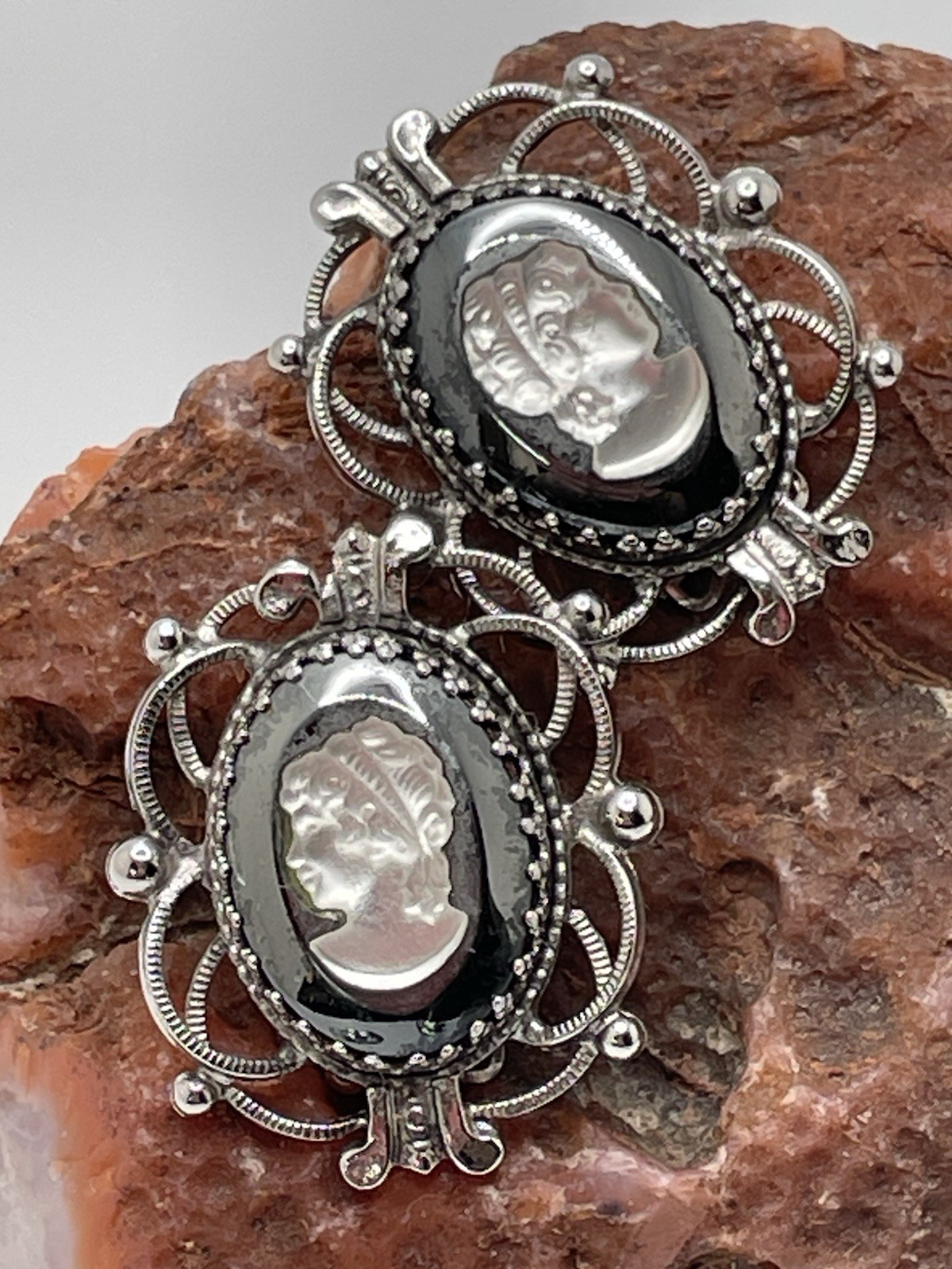 Vintage Whiting & Davis Silver Hematite Cameo Clip EARRINGS Filigree Signed