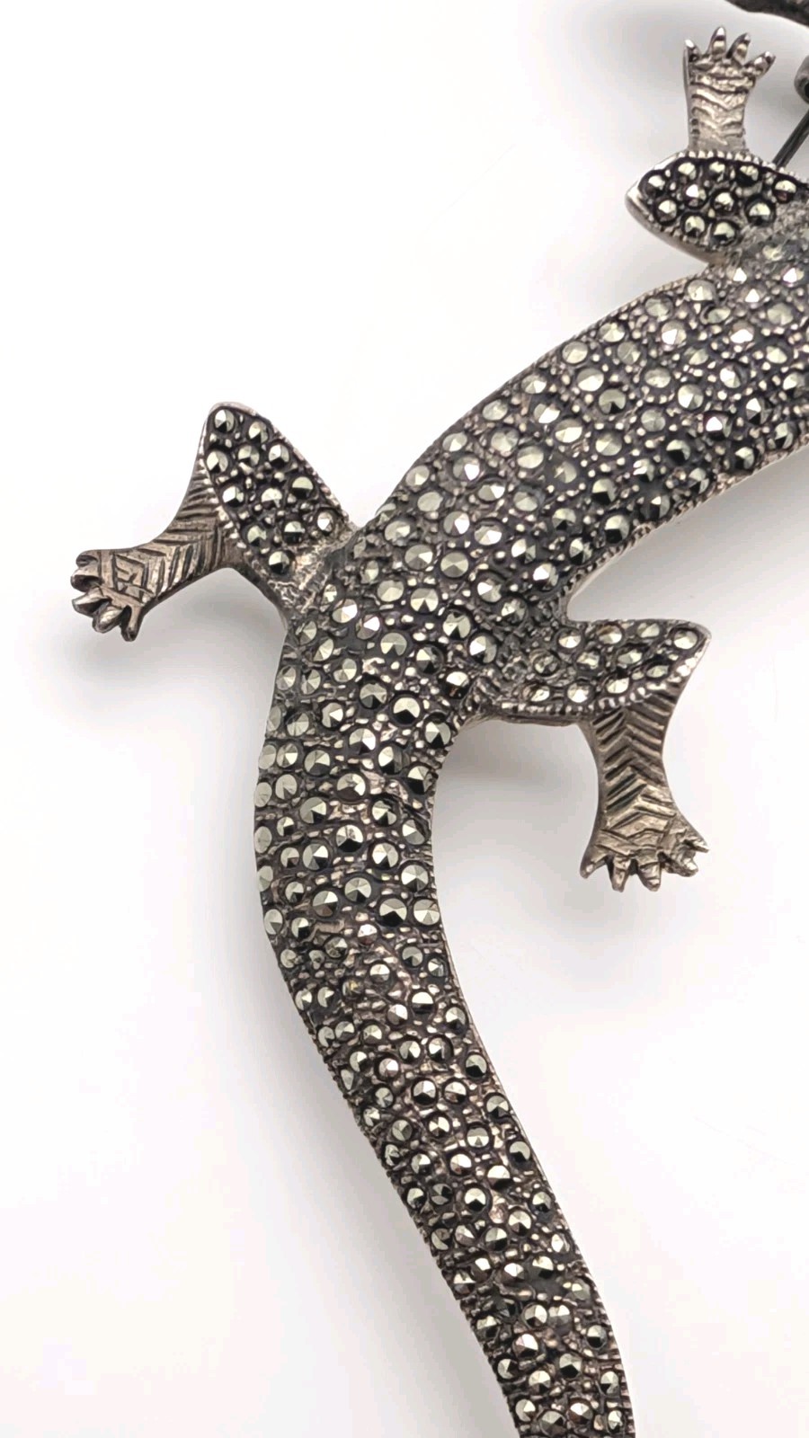 5½” Long Vintage Sterling Silver Marcasite Lizard Gecko Red Eyes Pin Brooch 30g