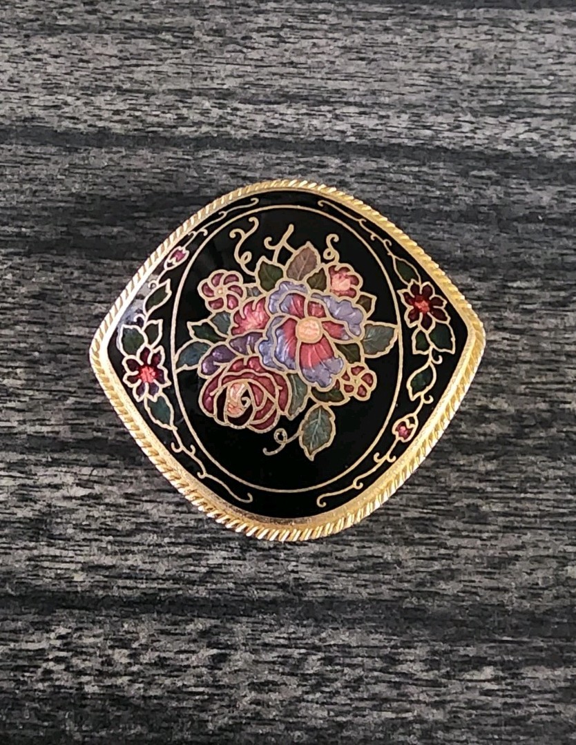Cloisonné enamel Bolo Tie Slide Floral Black Red Green Blue 2″ Vintage