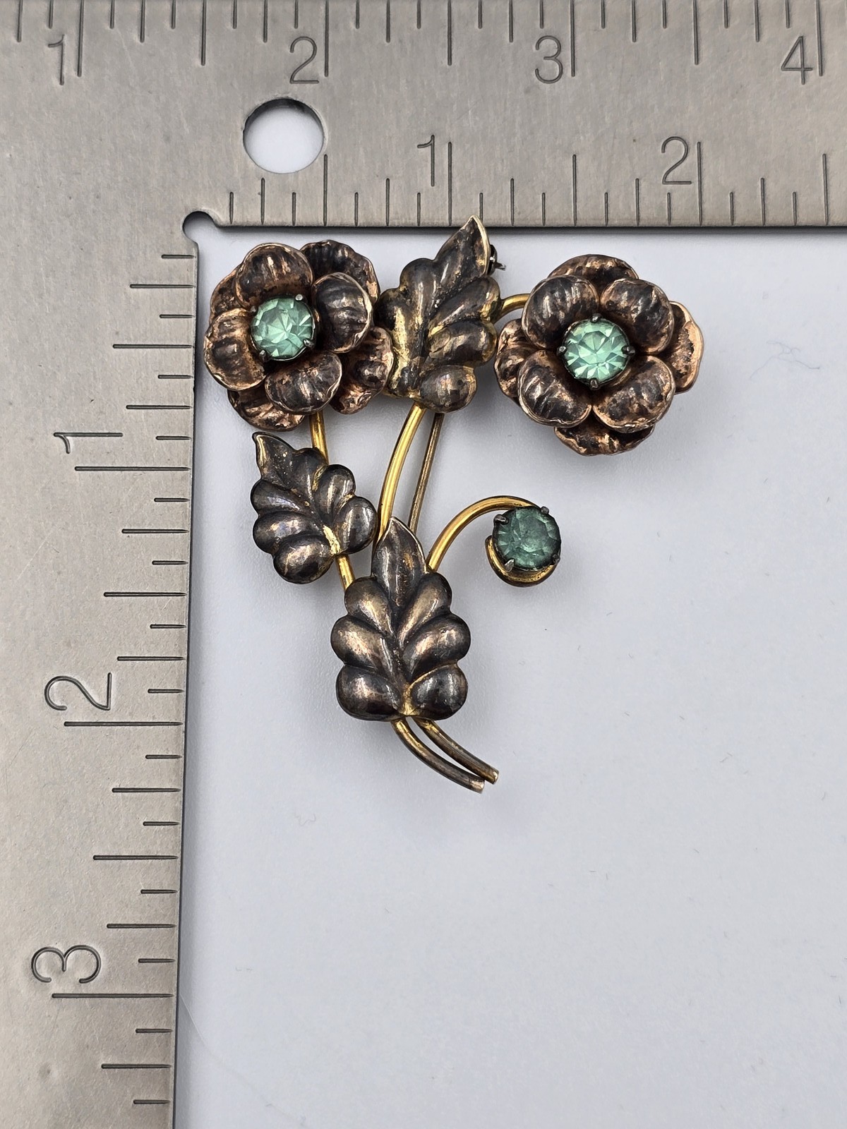Vintage Sterling Silver 1/20 12K Gold Filled Green Rhinestone Flower Brooch Pin