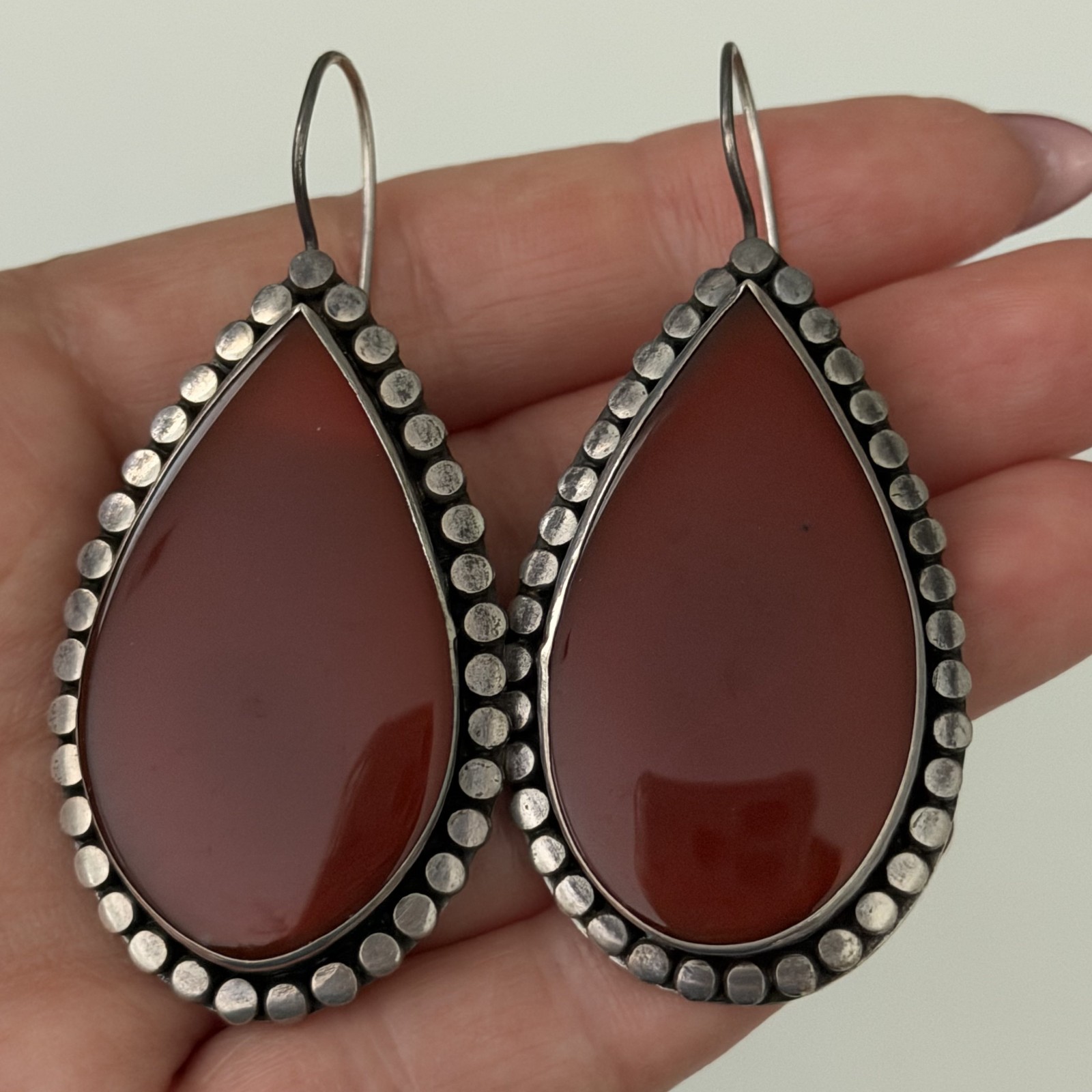 Vintage Sterling Silver Big Chunky Carnelian Earrings Oxidized Dangle Teardrop