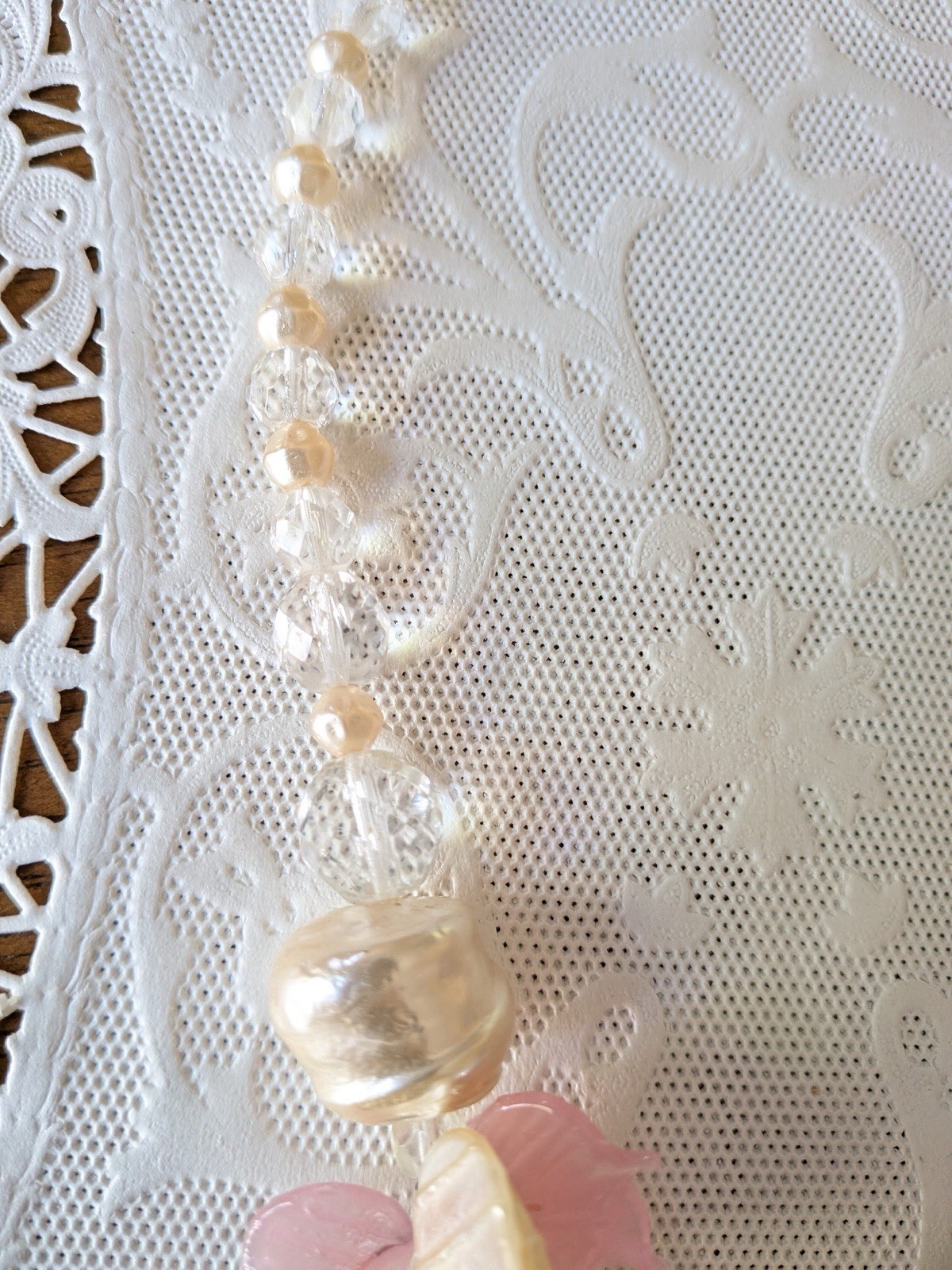 Vintage Venetian Necklace Pink, Clear, & Faux Pearl Flower Bead Art Glass 17″
