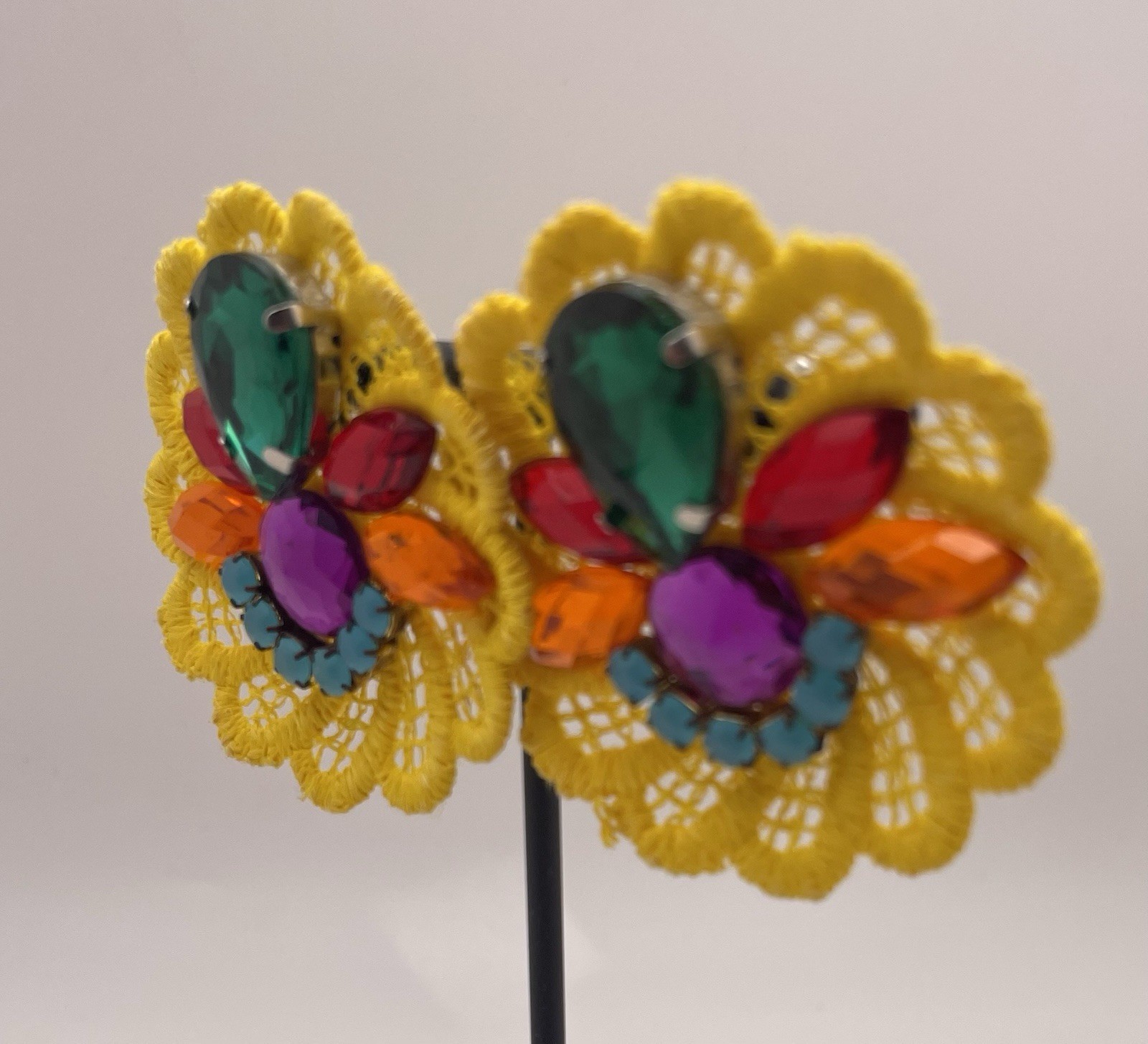 Vintage Handmade Tropical Yellow Multicolor Rhinestone Statement Earrings