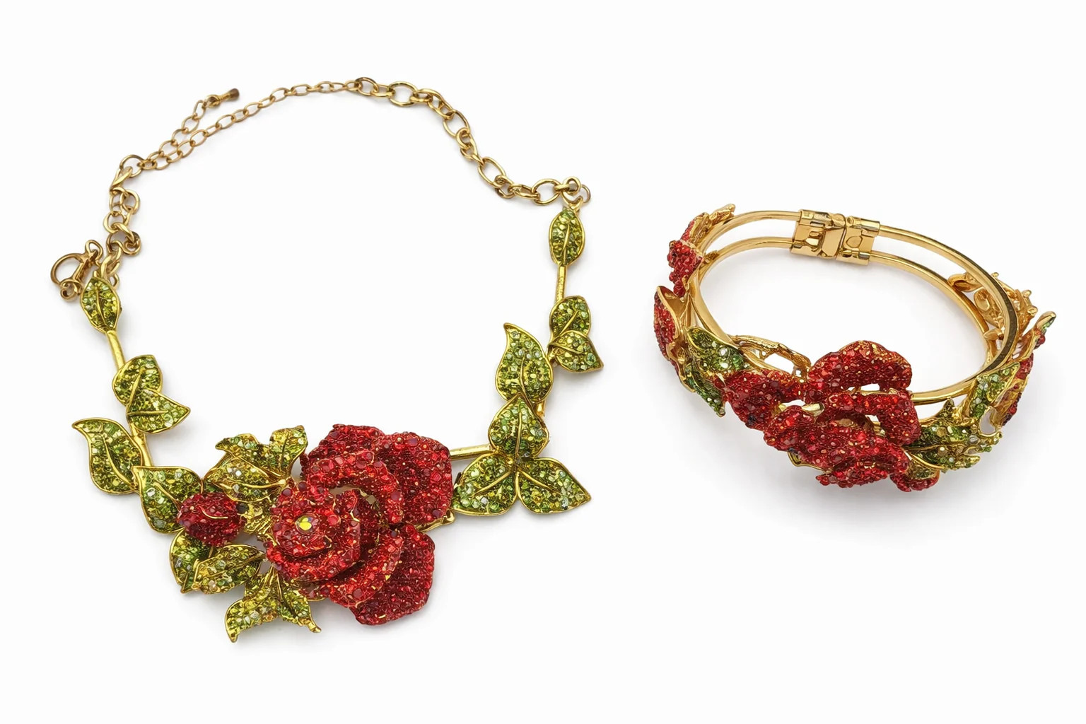 Vintage Red Rhinestone Rose Necklace Bracelet Set Gold Tone Floral Statement Jew