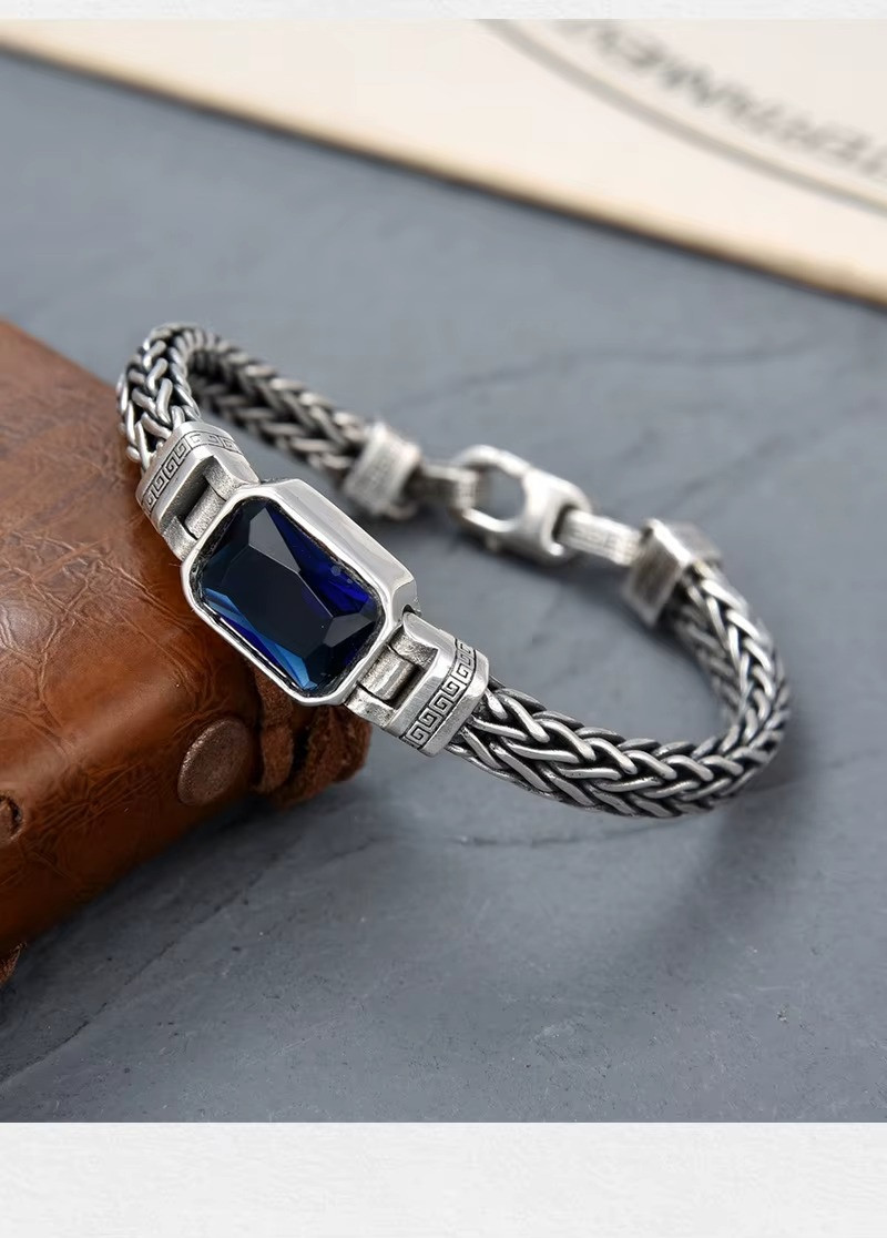 S925 Sterling Silver Couple Style Hand-Knitted Bracelet Old Vintage Stone Men
