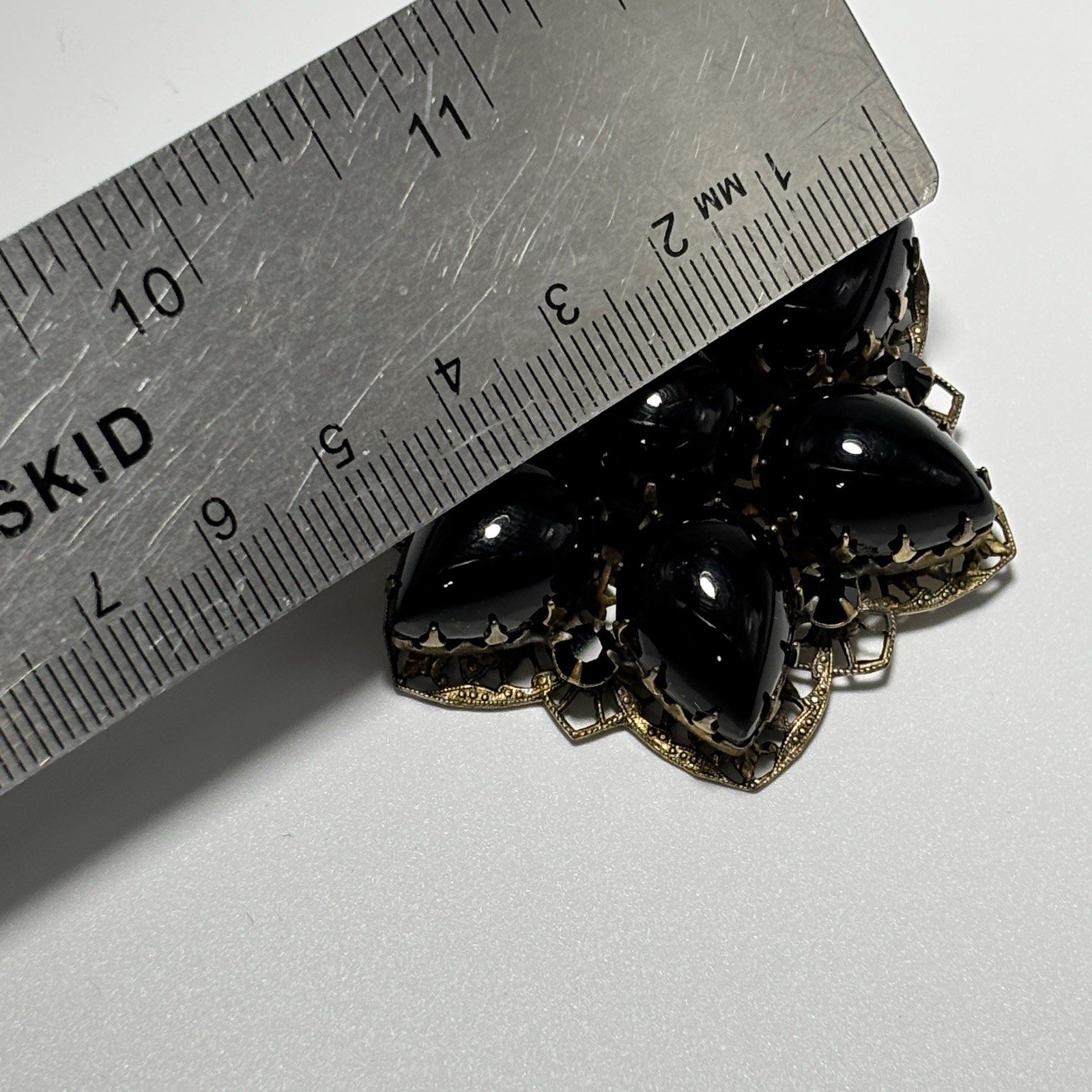 Vintage Brooch Pendant Teardrop Black Glass Cabochons Double Layered 2-1/8″ Long