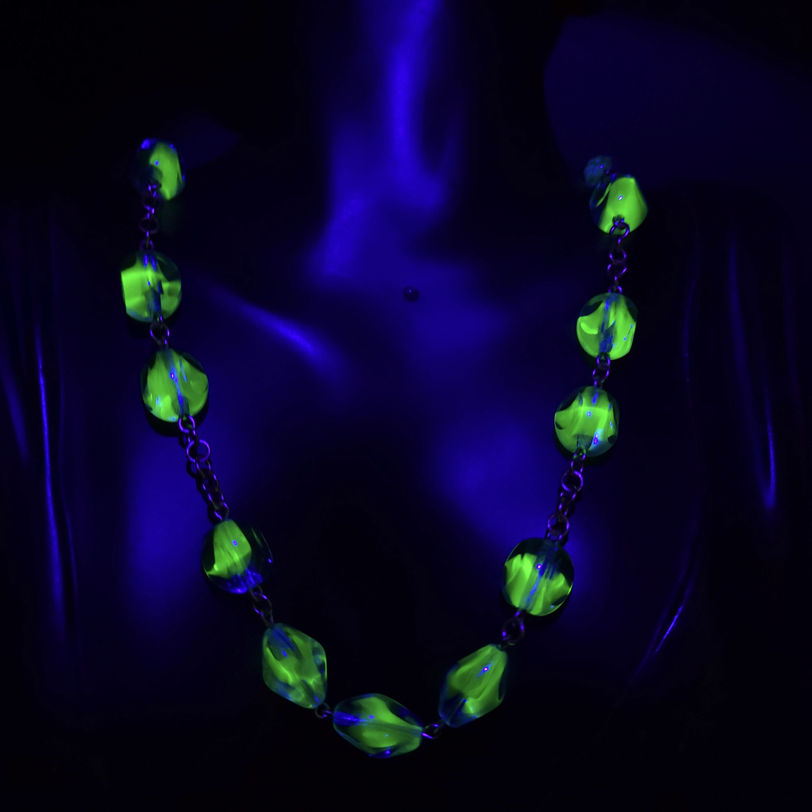 Uranium Necklace 18” Vaseline Blue Glass Czech Vintage Beads Women`s Jewelry