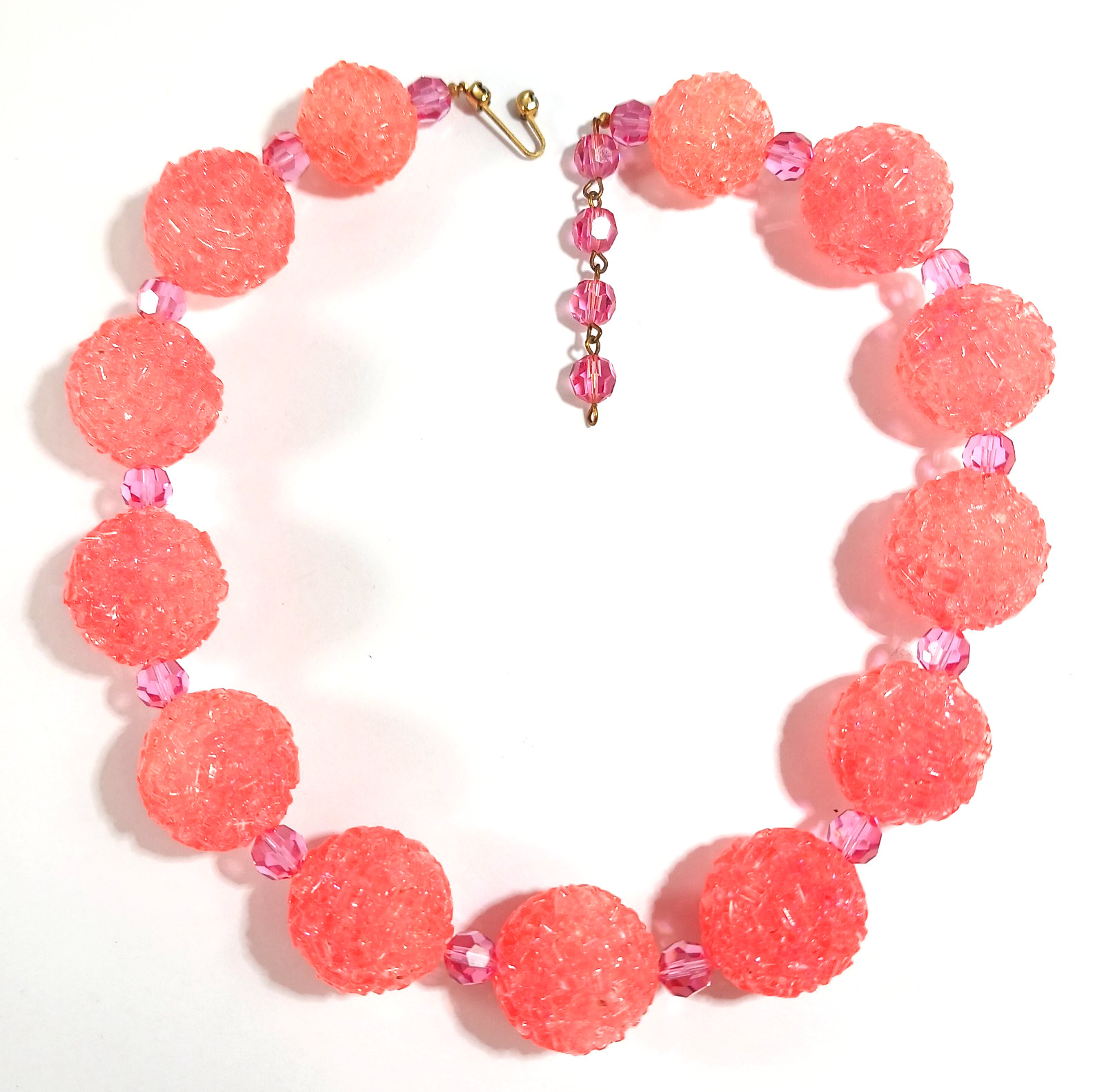 Bright Pink Orange Lucite Textured Ball Beaded Necklace ~ Marvella ~ 16 inch