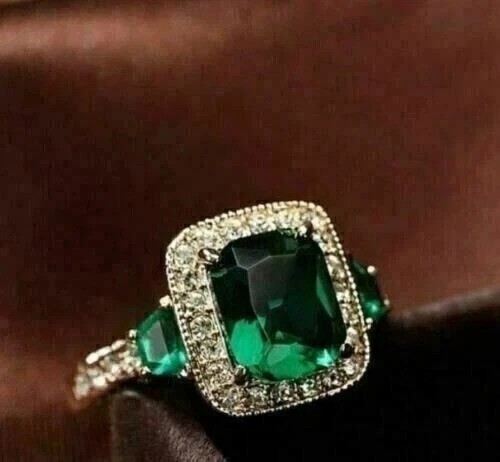 3Ct VVS1 Cushion Cut Lab Created Emerald Diamond Wedding 14K White Gold FN Ring