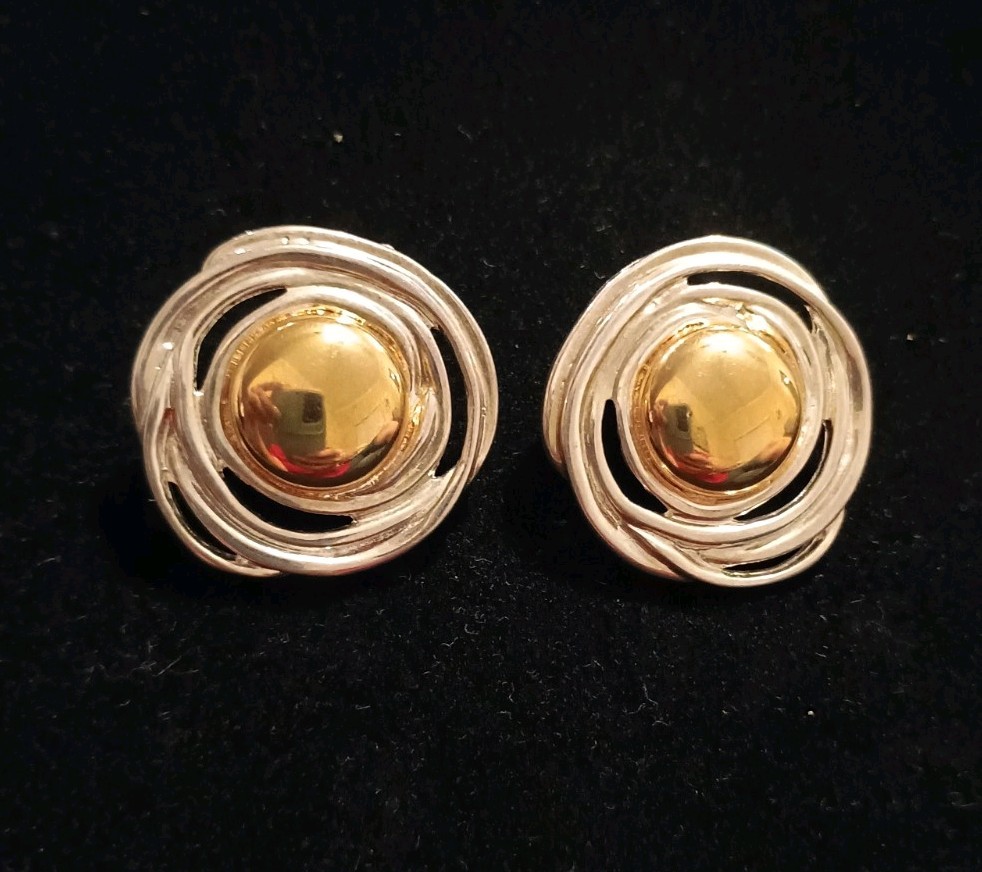 Vintage Premier Designs Two-Tone Swirl Dome Pierced Post Earrings Crown Mark.