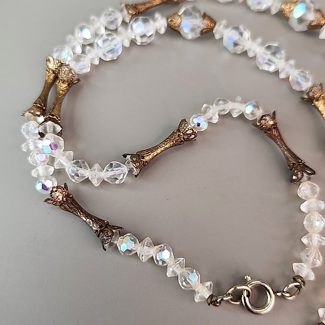 Vintage AB Glass Beaded Tassel Necklace Earrings Set Gold Tone Bar Links 26″