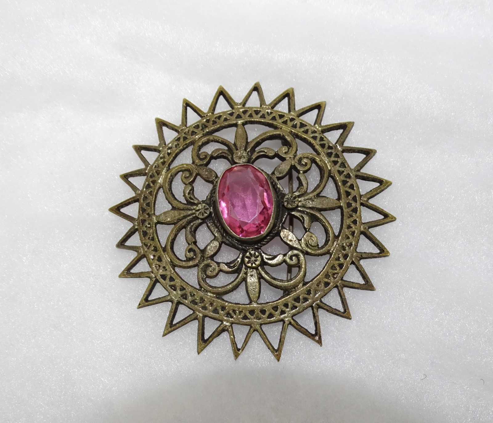 Antique Large Round Brass Sunburst Brooch, Oval Pink Stone, C-clasp