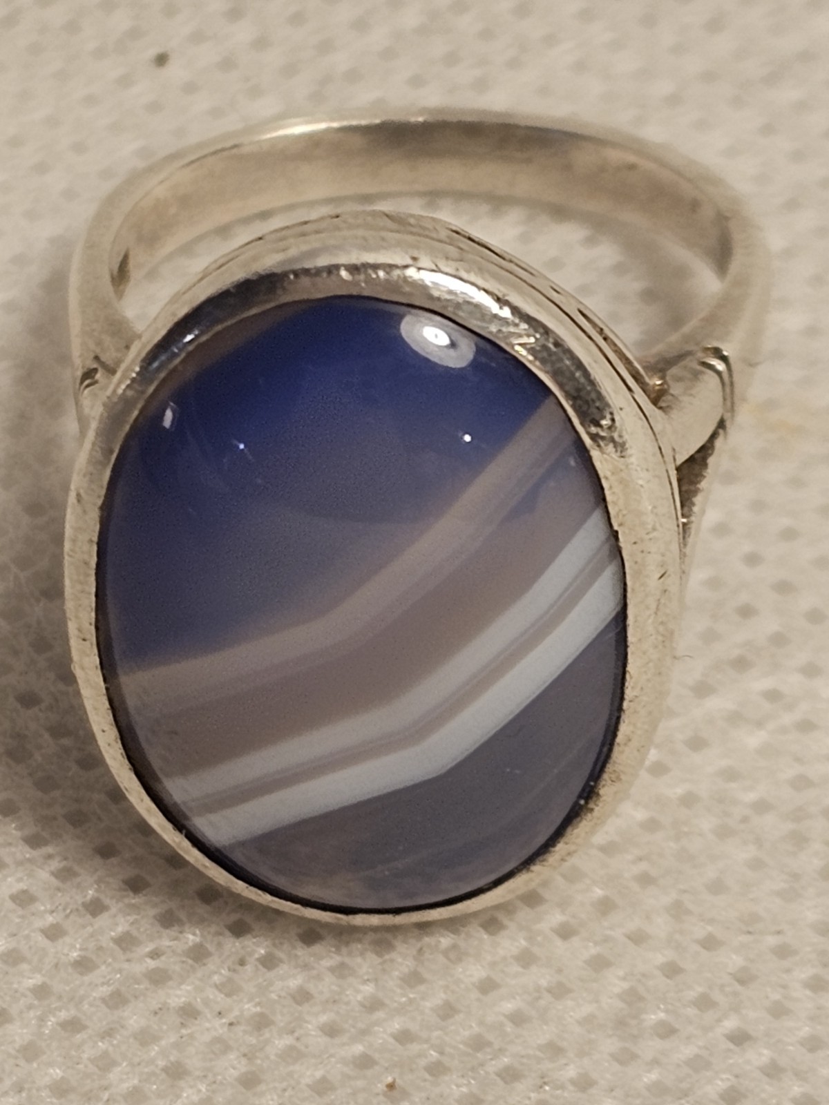 Vintage Sterling Silver Blue Striped Agate Stone Ring Size – US 7 -UK 0