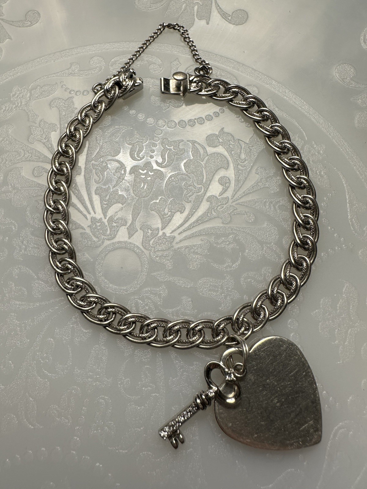 Vintage Sterling Silver Double Link Charm Bracelet Charms Heart Key 7 1/2” Love