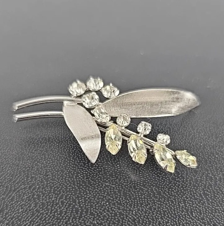 Vintage 925 Sterling Silver Clear Rhinestone Flowers Plant Brooch Pin #1