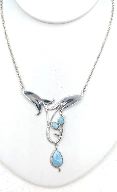 Vintage Floral Pendant Necklace Sterling Silver 925 Thailand Blue Glass