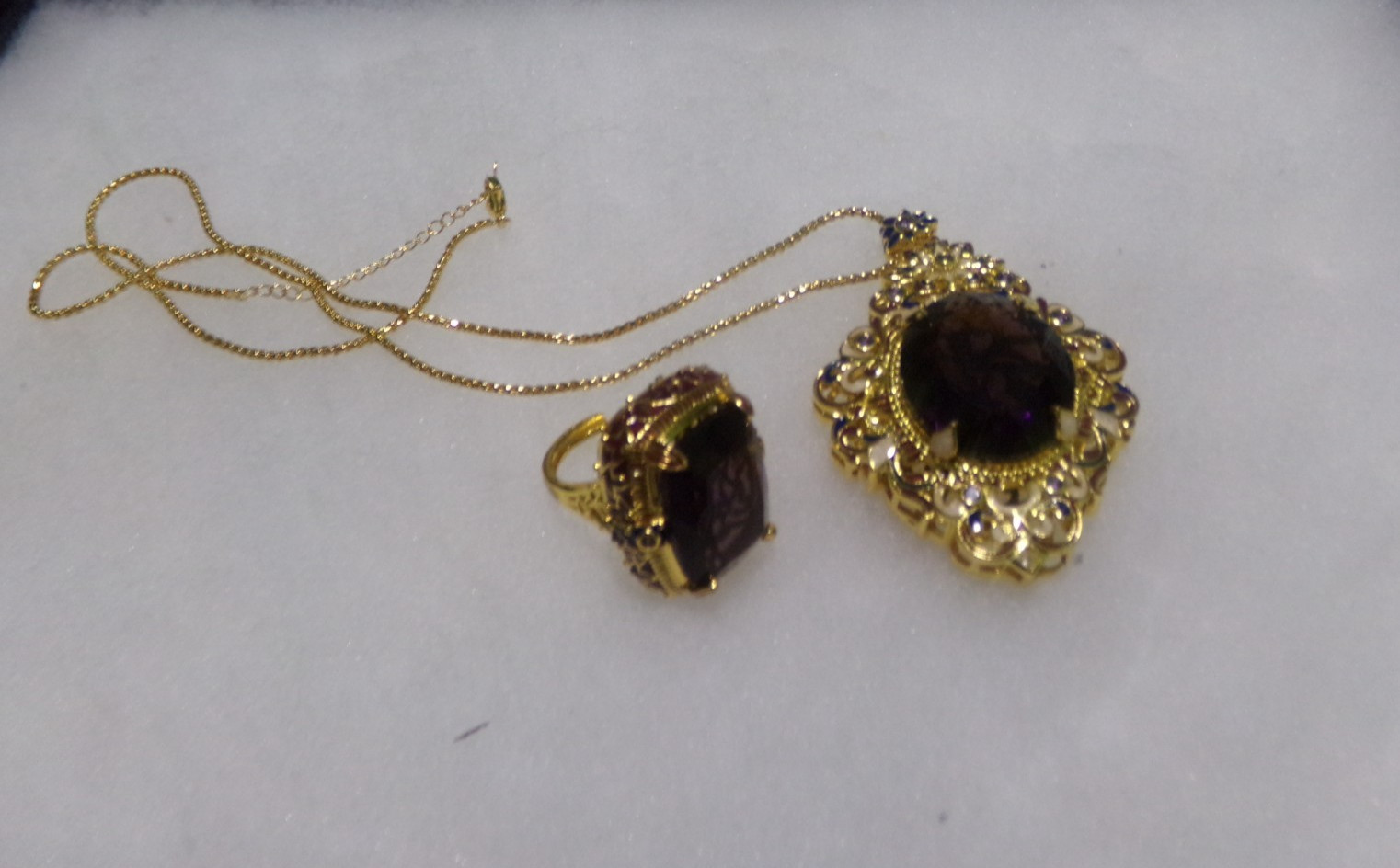 NEW VINTAGE REPRODUCTION RHINESTONE ENAMEL GLASS NECKLACE & RING SET
