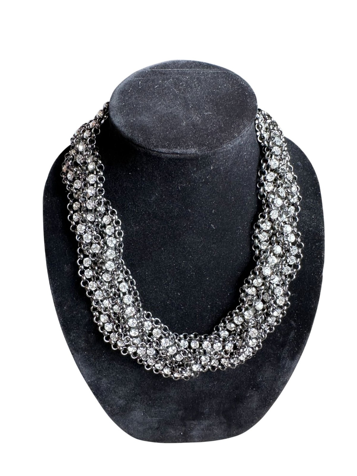 Vintage Black Metal Braid Chain Collar Necklace With Rhinestones 21″ Long