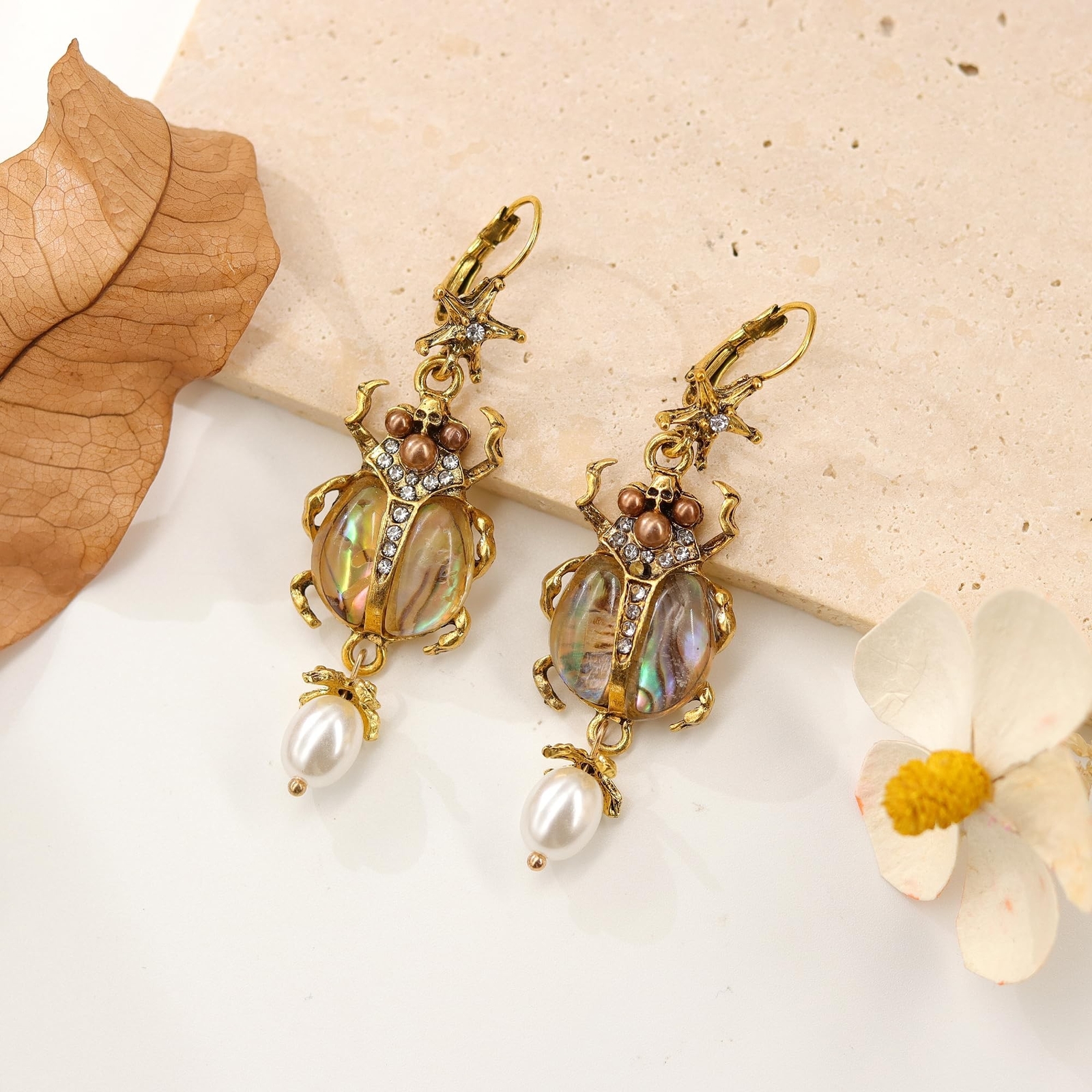 Vintage Beetle Scarab Bug Dangle Earrings for Women, Imitation Pearl Insect D…