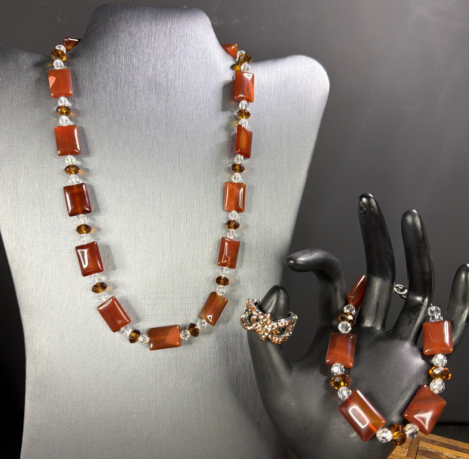 Carnelian Agate Beads w/ Clear, & Amber-Colored Spacers VTG Jewelry Set